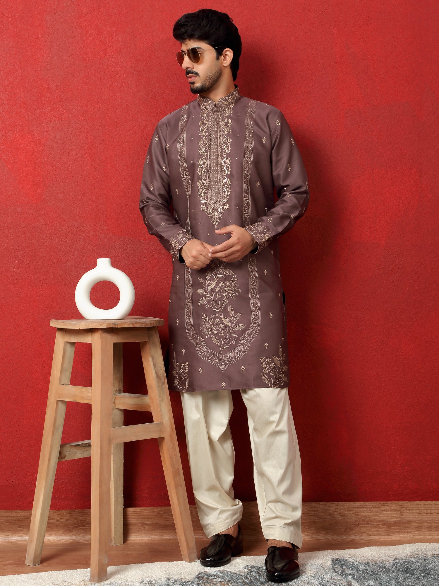 LUXE-Men's Cotton Silk Floral Embroidered Work Kurta Salwar Set
