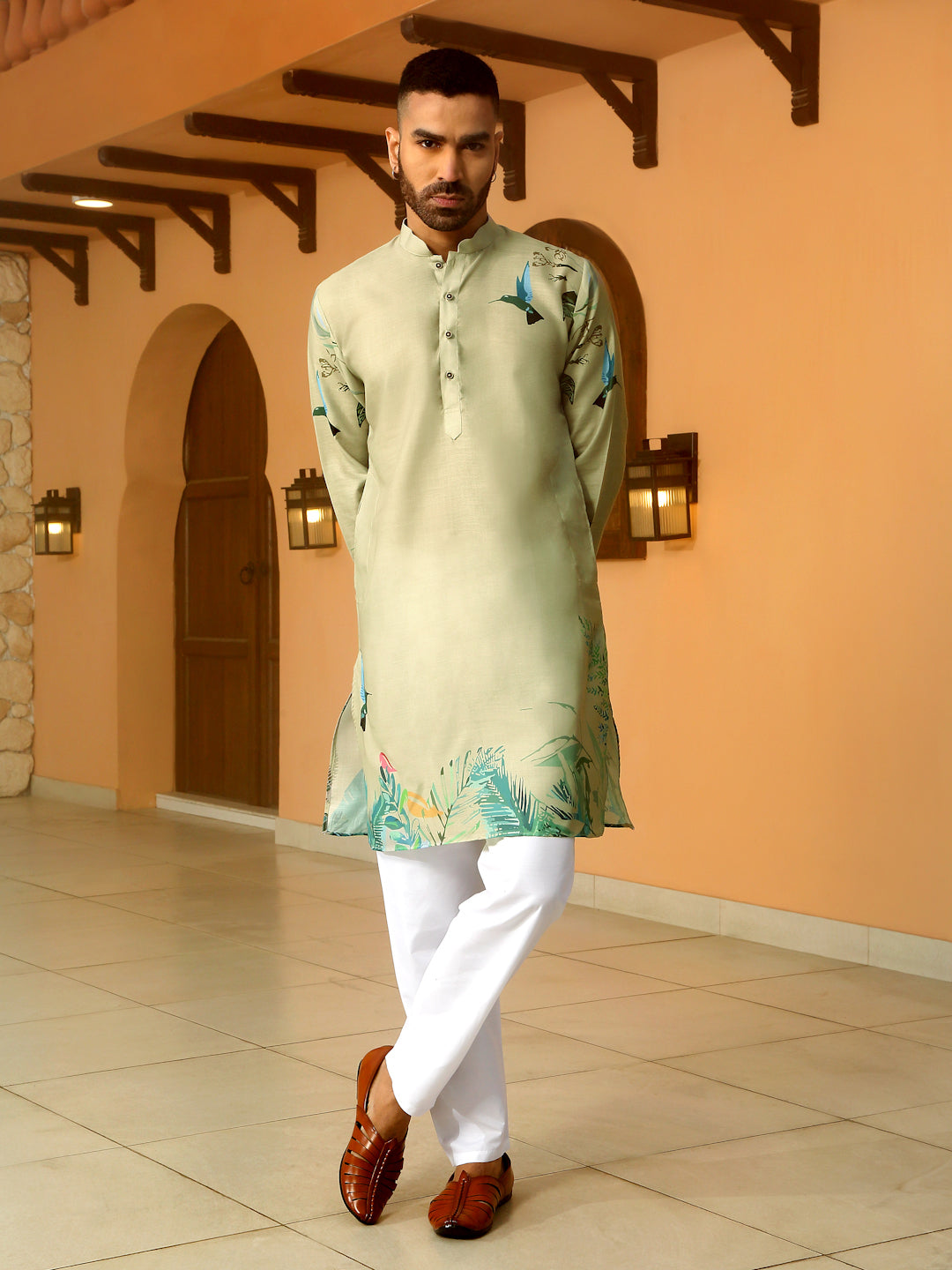 Animal Print Cotton Straight Beige Kurta With White Elastic Waistband Pyjama Set