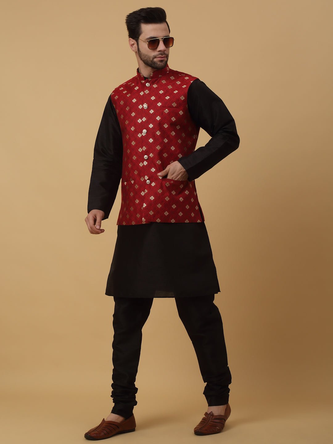 KRAFT INDIA Men's Silk Blend Black Kurta, Churidar with Jacquard Silk Blend Floral Print Nehru Jacket Set
