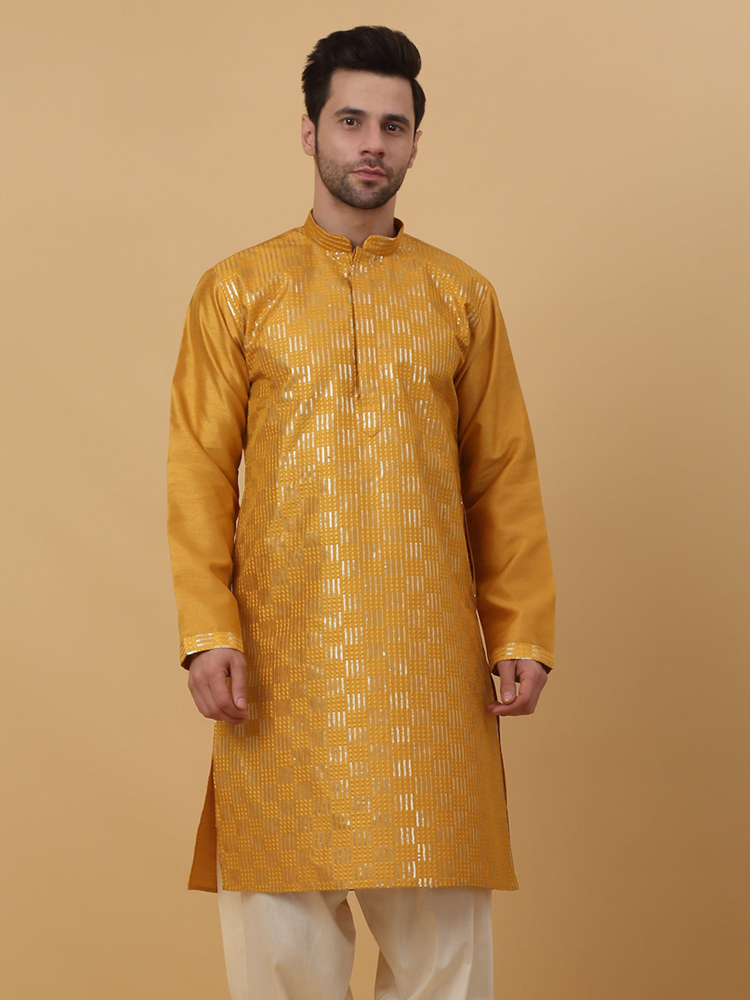 KRAFT INDIA Men's Cotton Silk Sequenced Embroidered Kurta Only