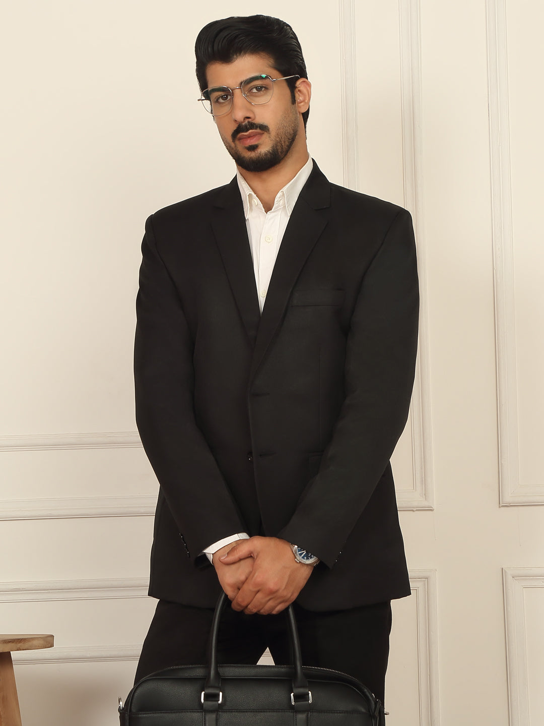 Men’s Solid Twill Notched Lapel Collar Beige Coat with Double Vent