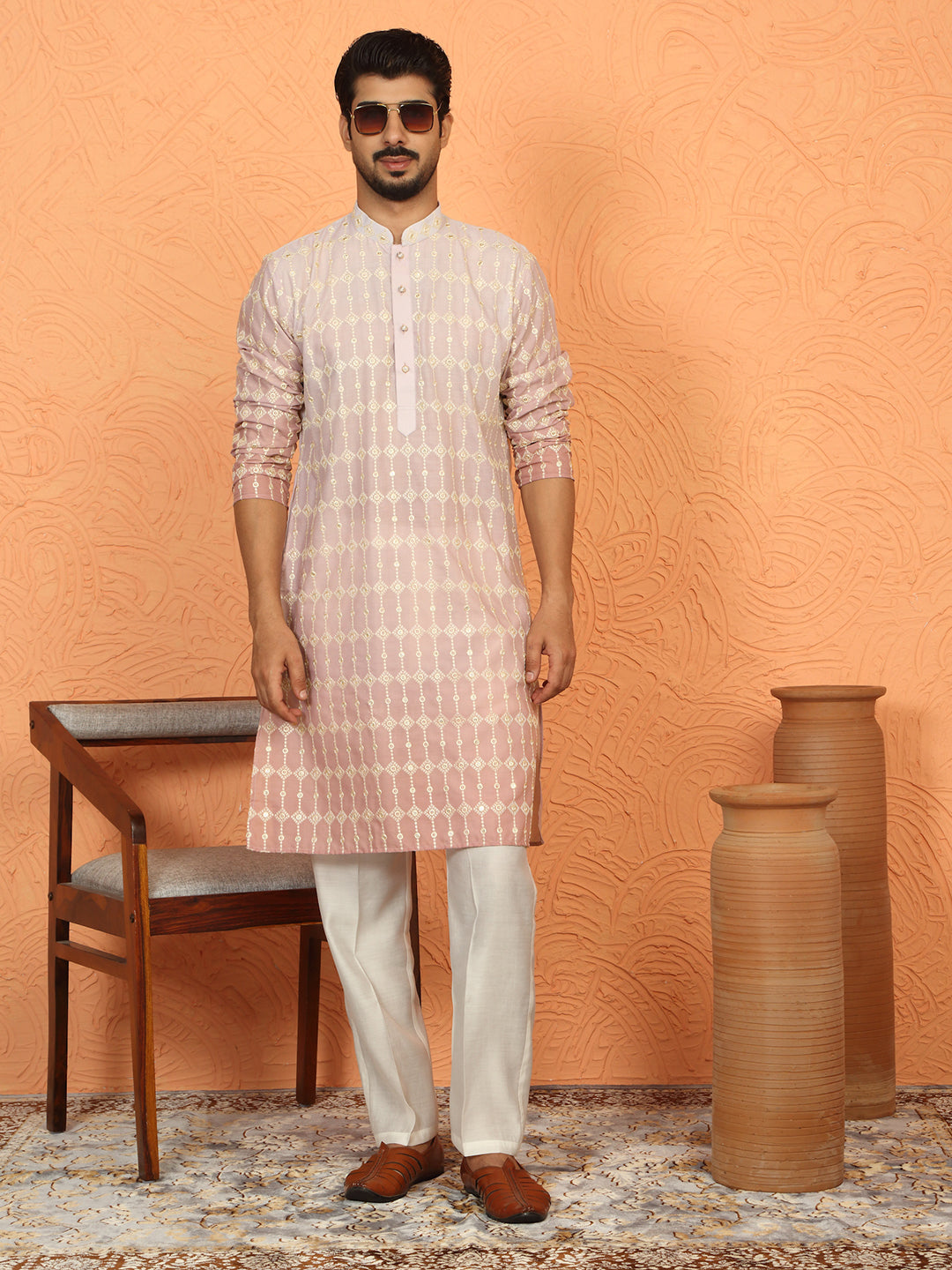 Men’s Cotton Silk Ombre Embroidered Kurta Set with Cream Silk Trouser