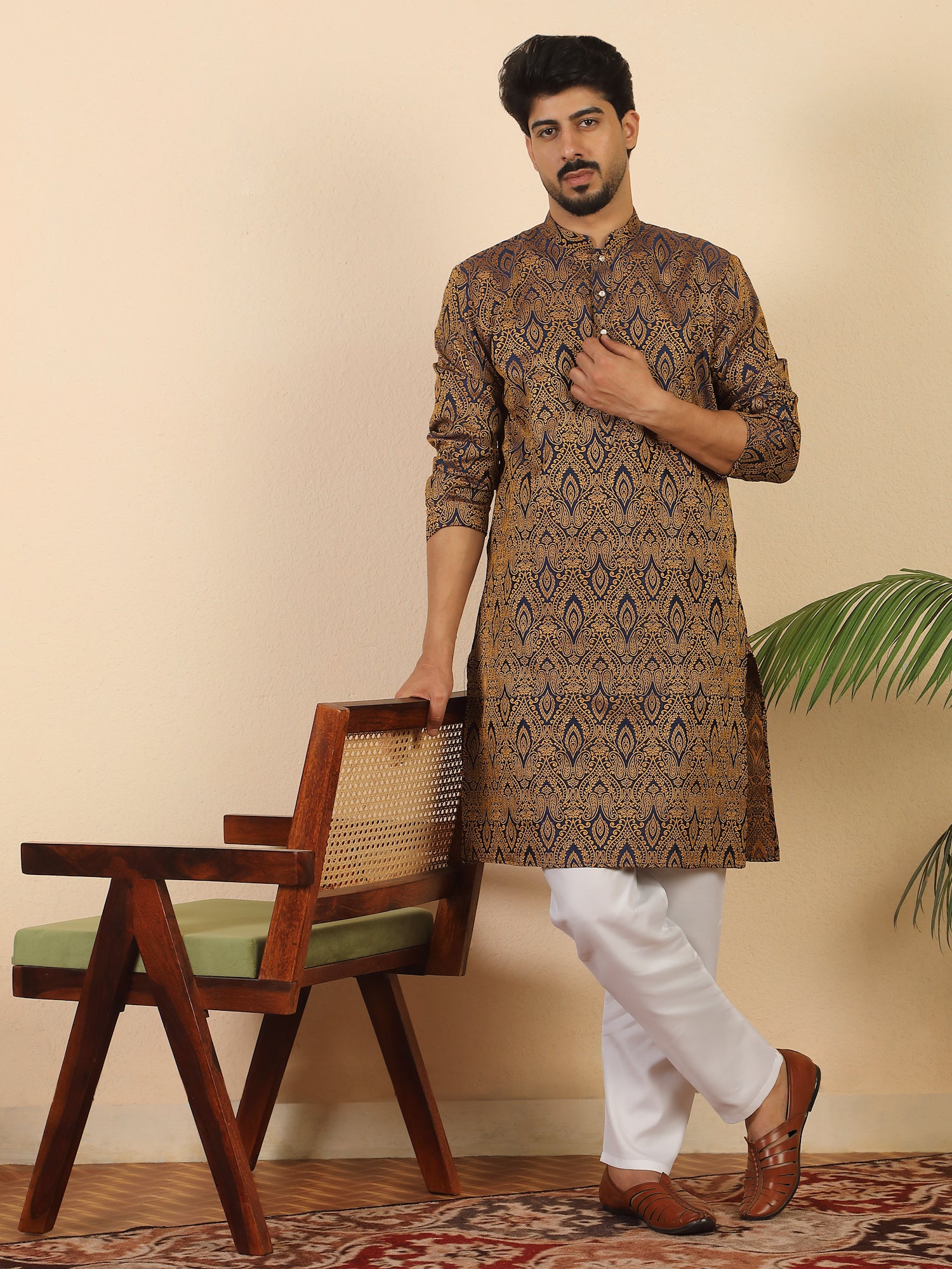 Men's Premium Jacquard fabric Paisley Designed Beige Long Kurta