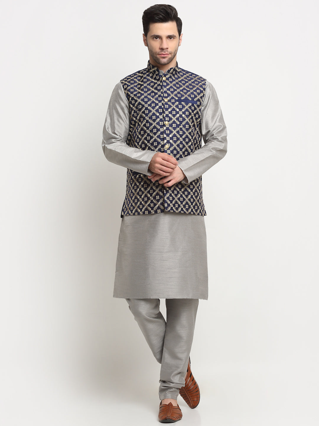 Men's Silk Silver Kurta Churidar with Embroidered Nehru Jacket Set