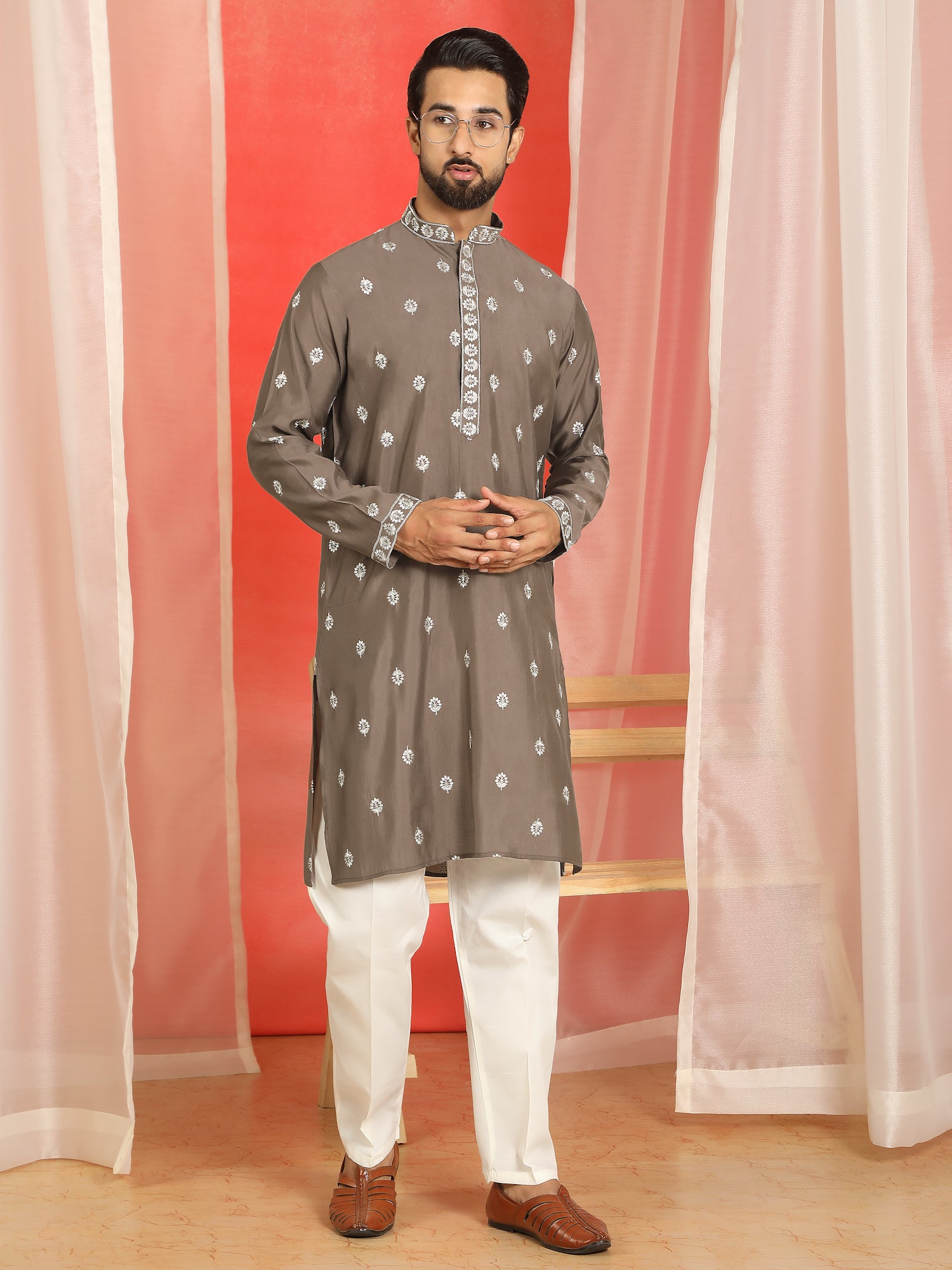 Men Yellow Cotton Silk Floral Embroidered Straight Kurta with Trouser Set