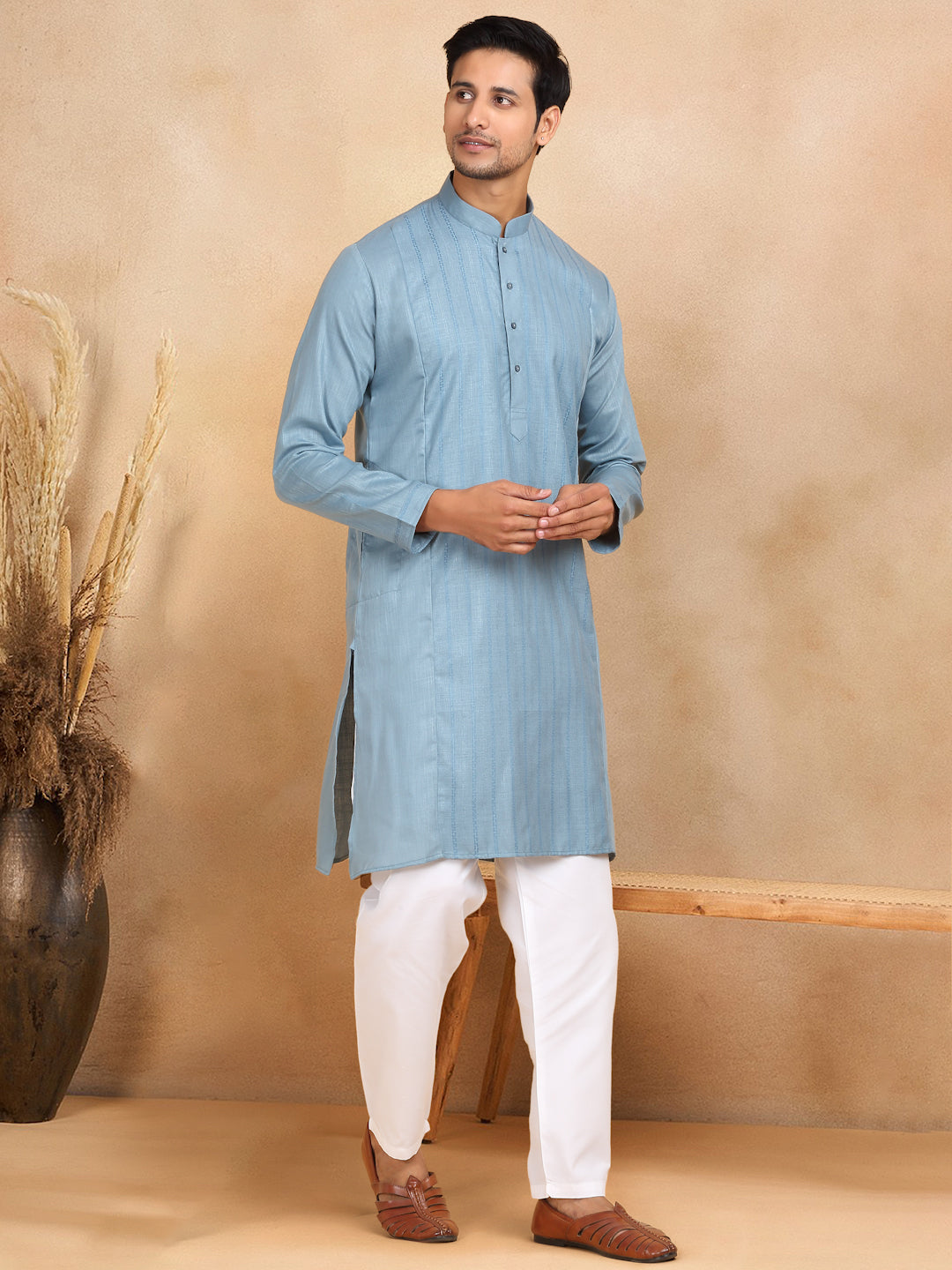 KRAFT INDIA Men's Regular Cotton Striped Mandarin Collar Long Sleeve Kurta Pyjama Set