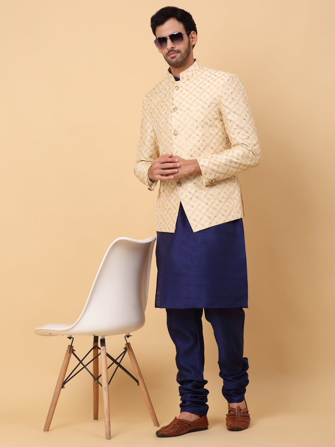 KRAFT INDIA Men's Silk Navy Blue Kurta Churidar With Embroidered Zari Bandhgala Suit/Coat