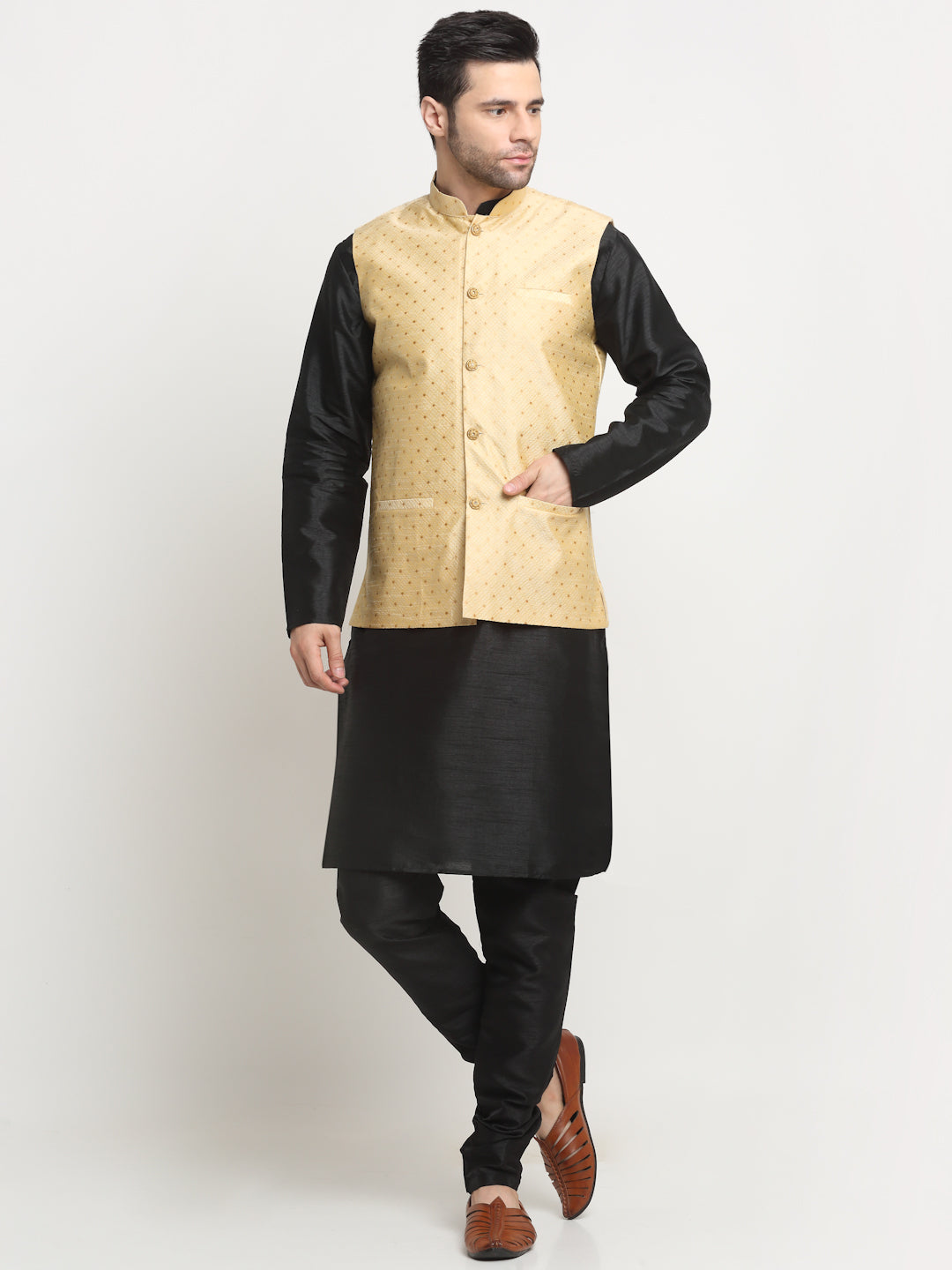 KRAFT INDIA Men's Silk Black Kurta Churidar with Polka Dotted Nehru Jacket Set