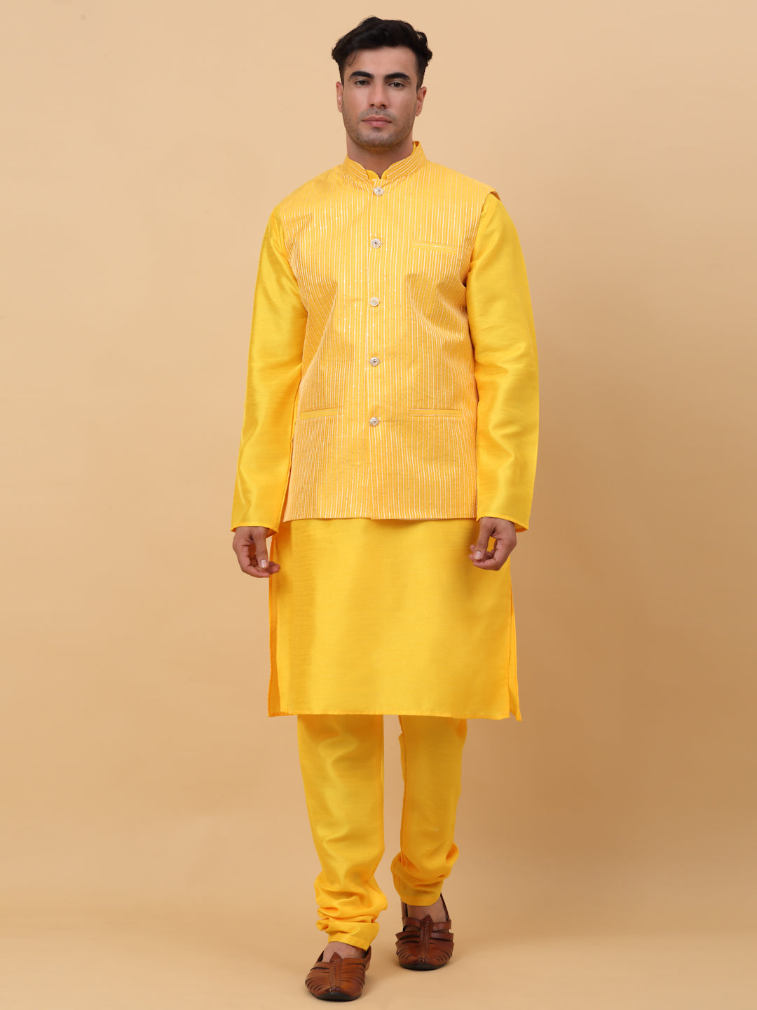 Men Yellow Silk Blend Kurta, Churidar With Yellow SIlk Striped Nehru Jacket