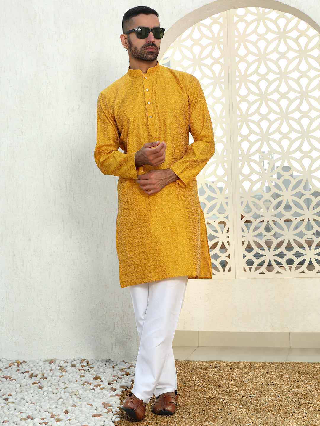 Silk Jacquard Kurta With White Elastic Waistband Pyjama set