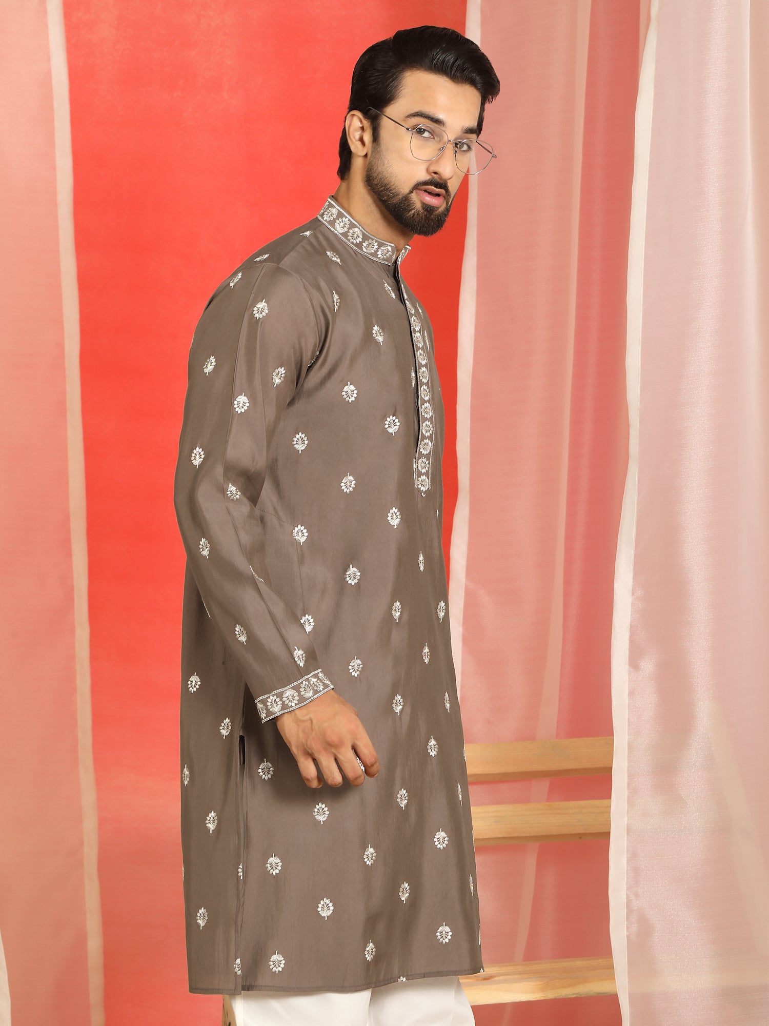 Men Cotton Silk Floral Embroidered Kurta