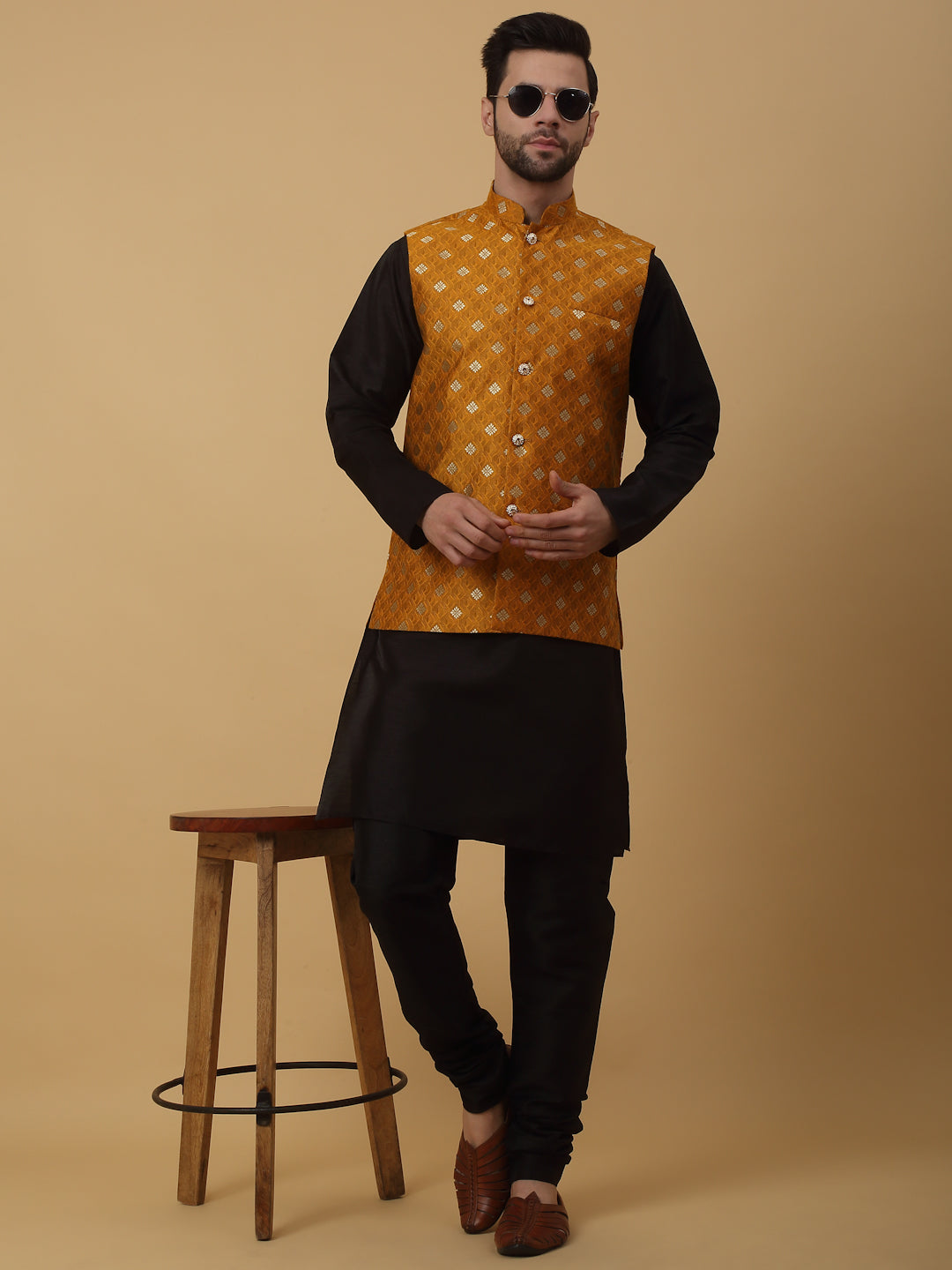 KRAFT INDIA Men's Silk Blend Black Kurta, Churidar with Jacquard Silk Blend Floral Print Nehru Jacket Set