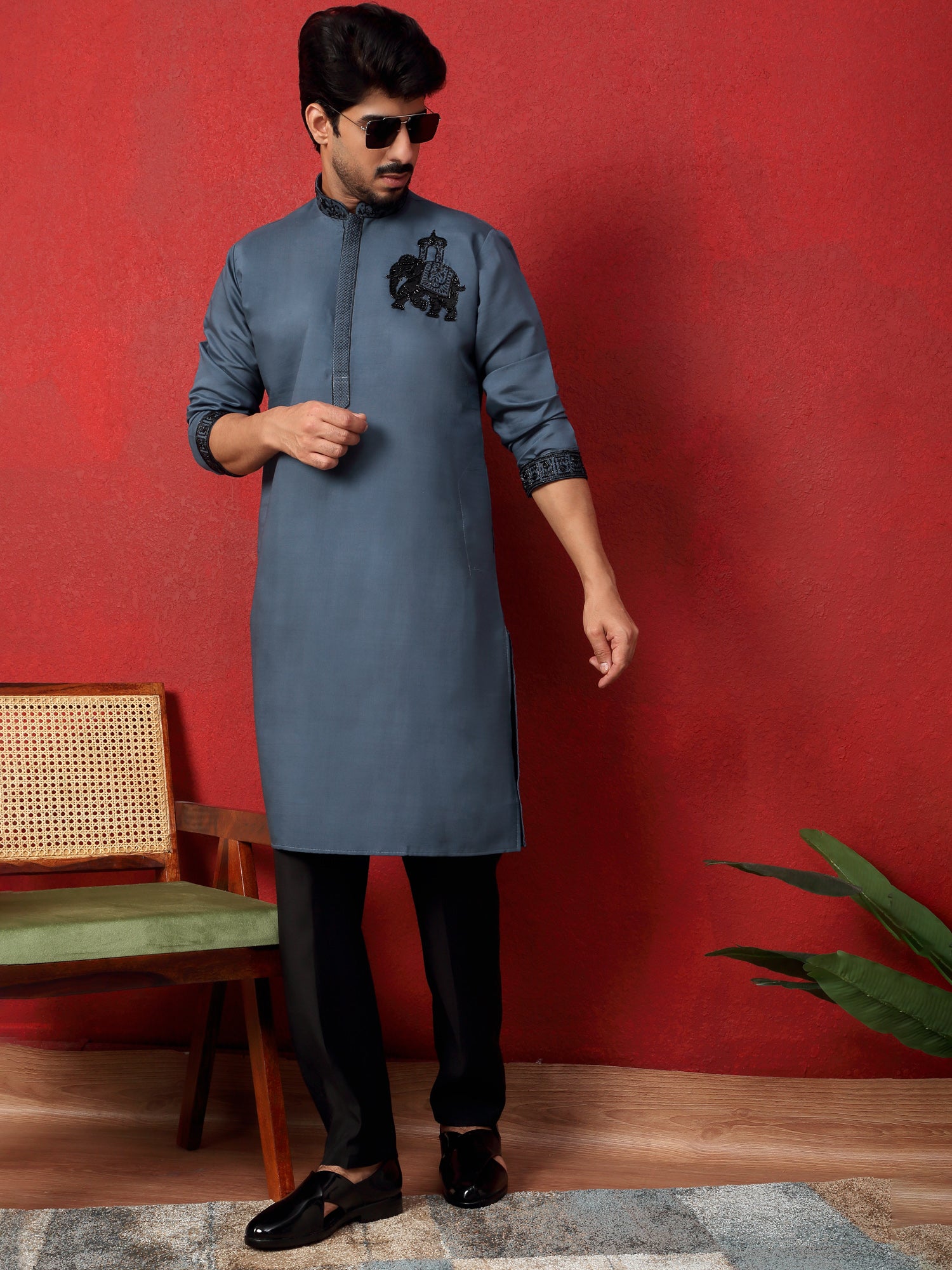 LUXE-Men's Cotton Silk Beads Work Animal Embroidered Kurta Trouser Pant Set