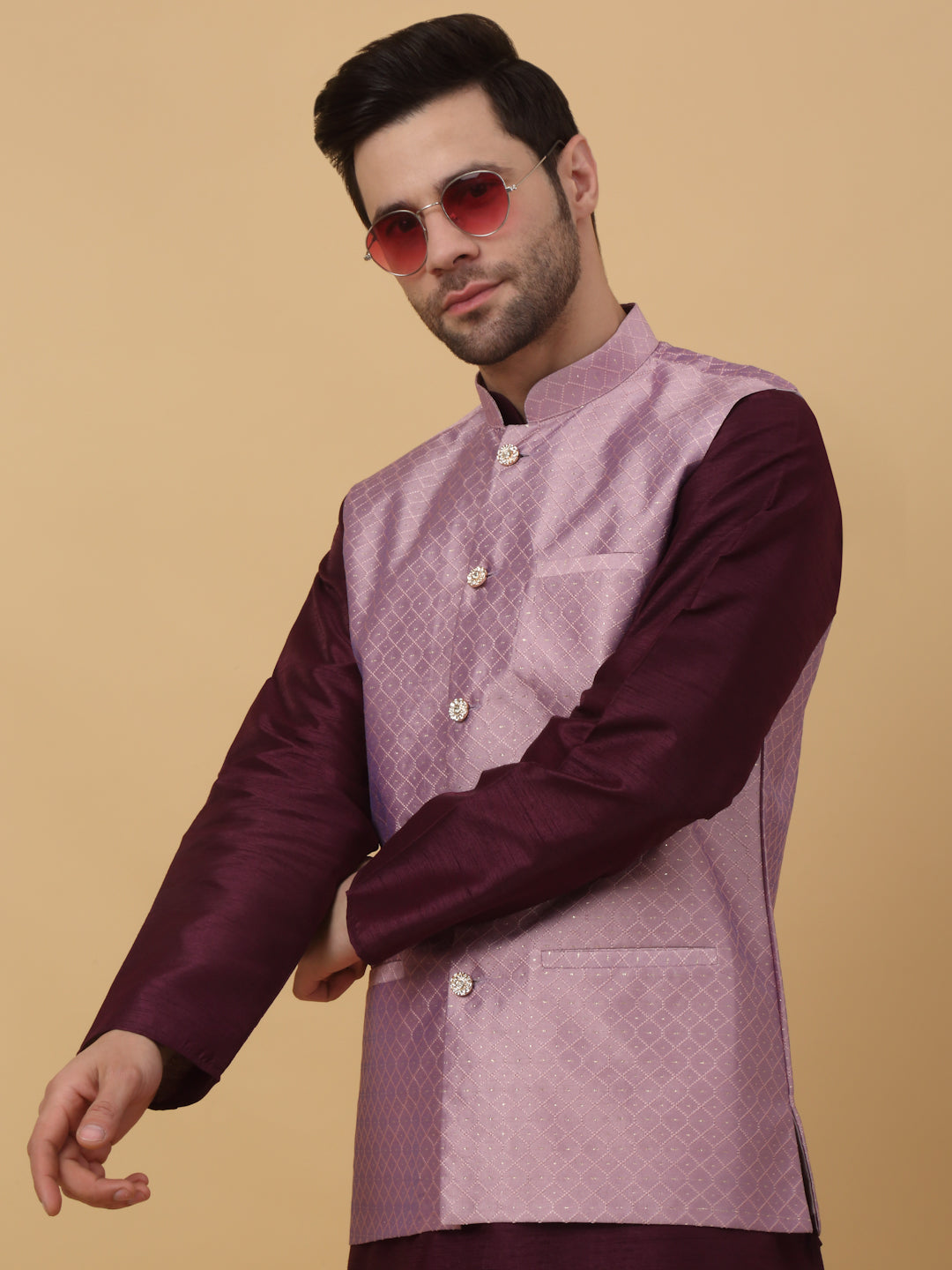 KRAFT INDIA Men's Silk Blend Geometric Sleeveless Jacquard Nehru Jacket