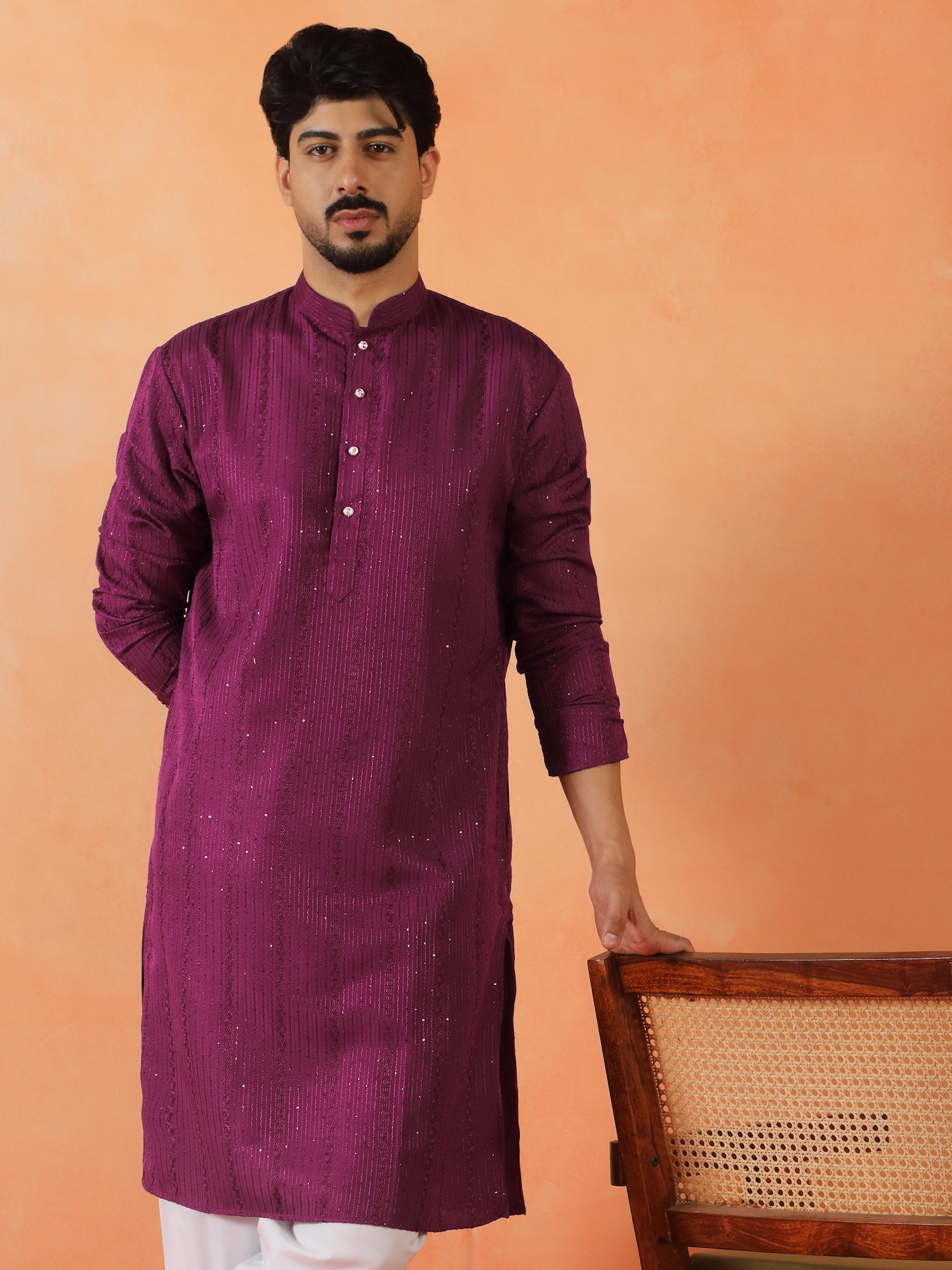Men Sequenced thread work Designed Cotton Silk Straight Long Kurta