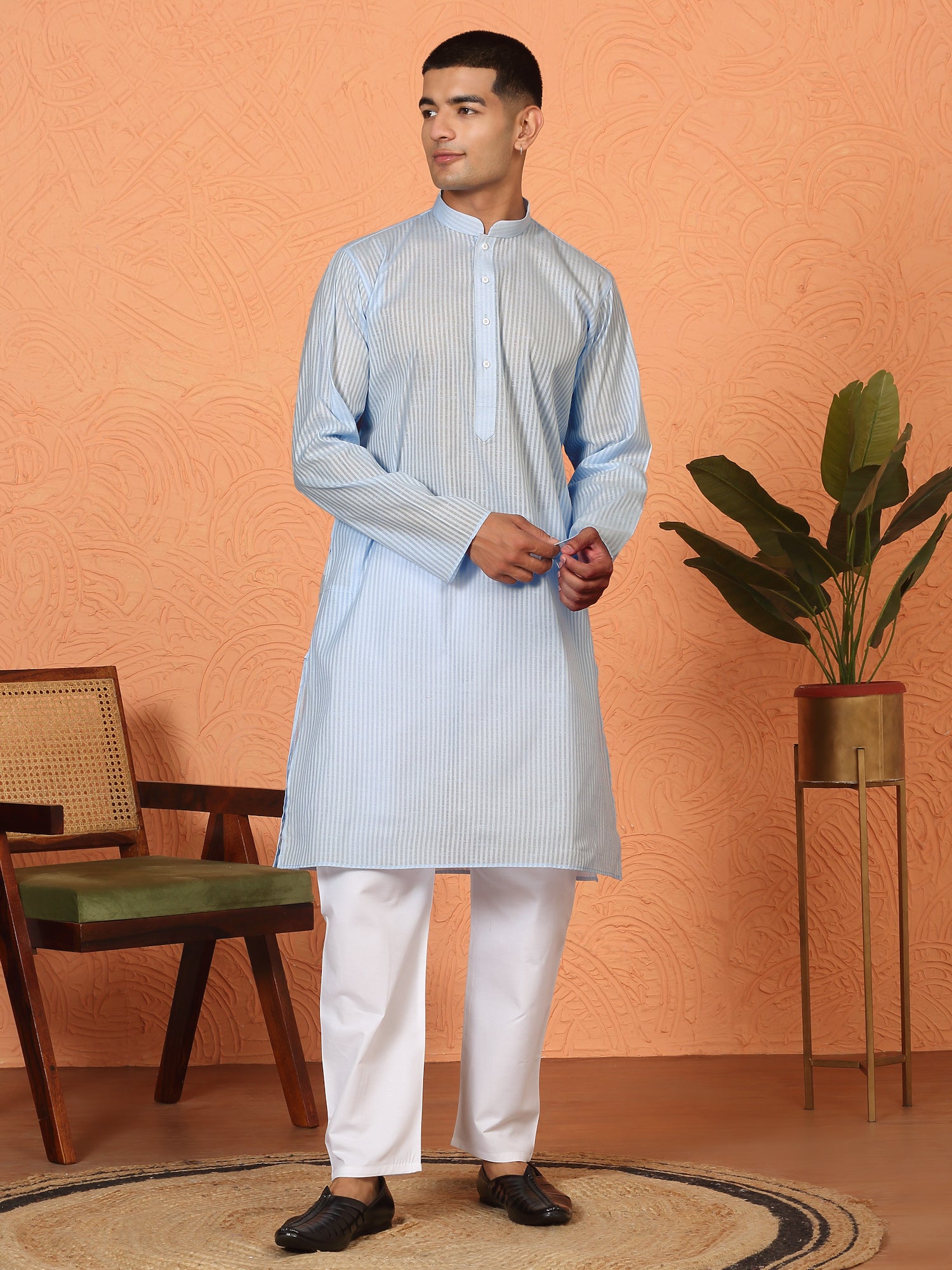 Men's Striped Design Pure Cotton Long Kurta with Pyjamas