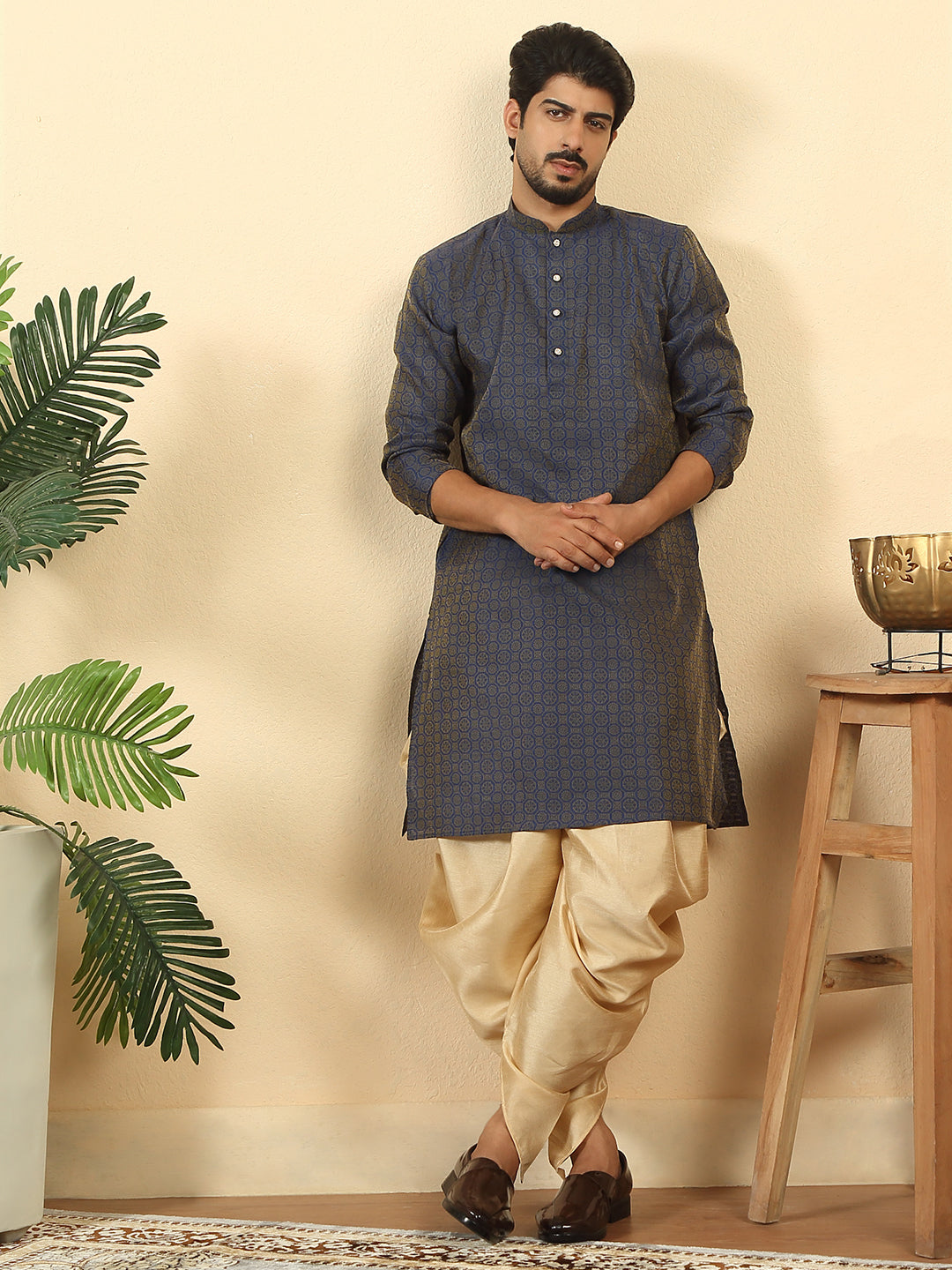Silk Blend Jacquard Geometric Woven Design Kurta With Beige Elastic Waistband Dhoti Set