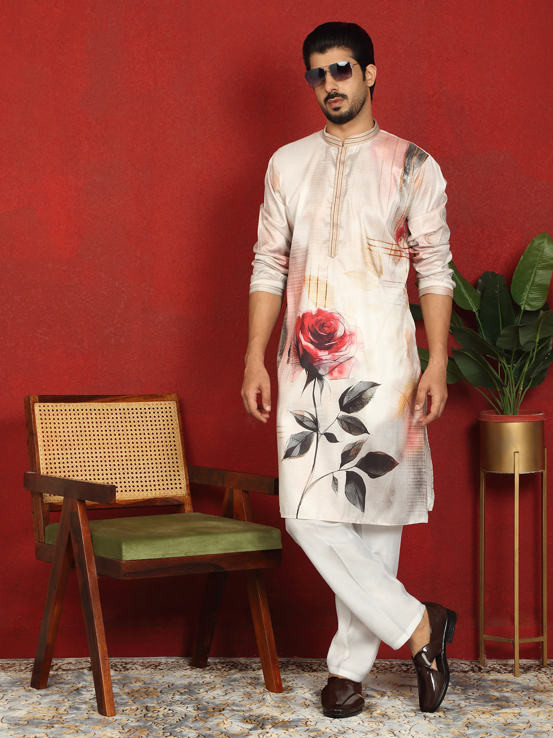 Men’s Cotton Silk Floral Printed Anchor Neck Work Kurta Set with White Silk Trouser