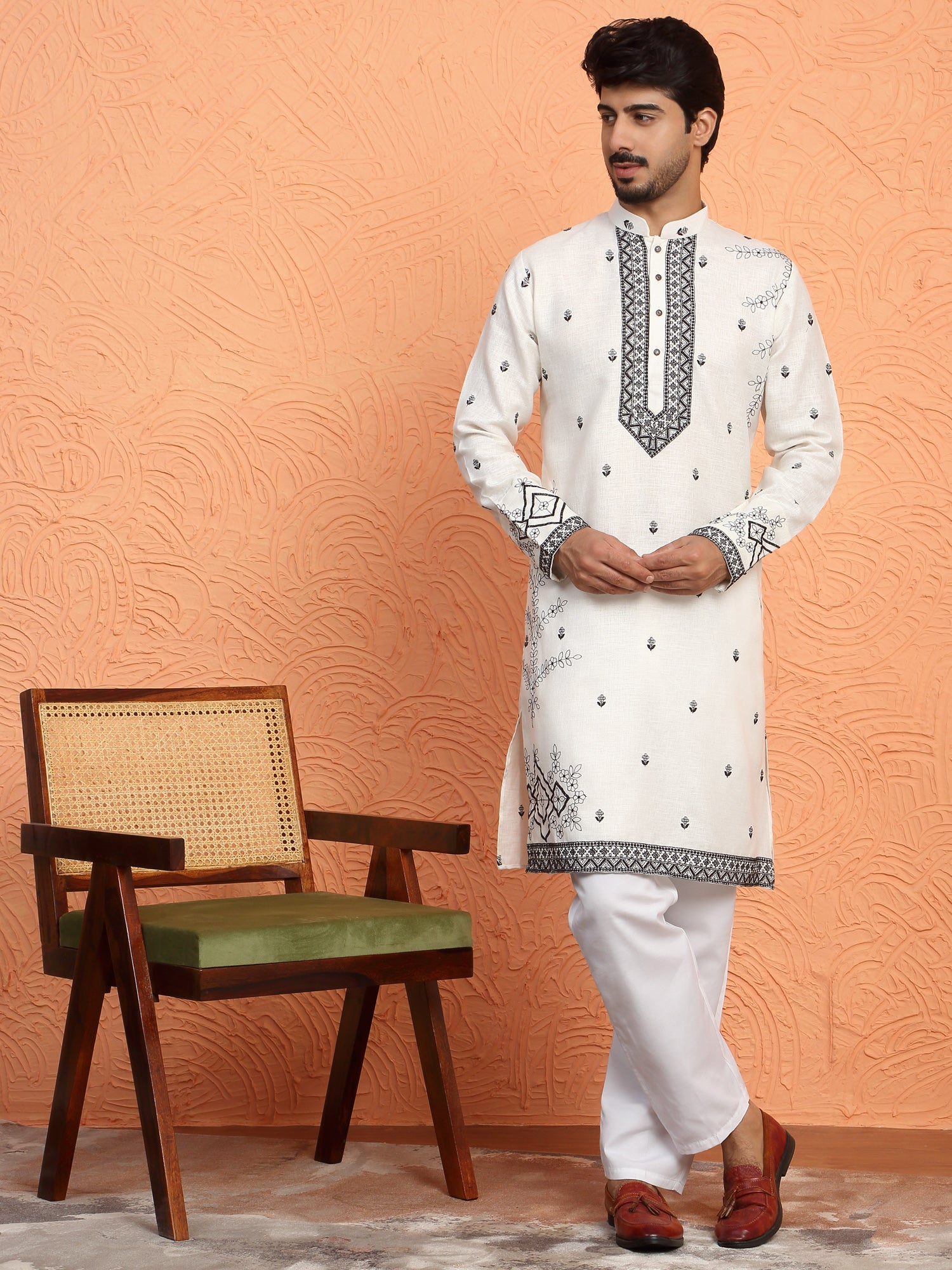LUXE-Men's Cotton Yoke Design Placement Embroidered Kurta Trouser Set