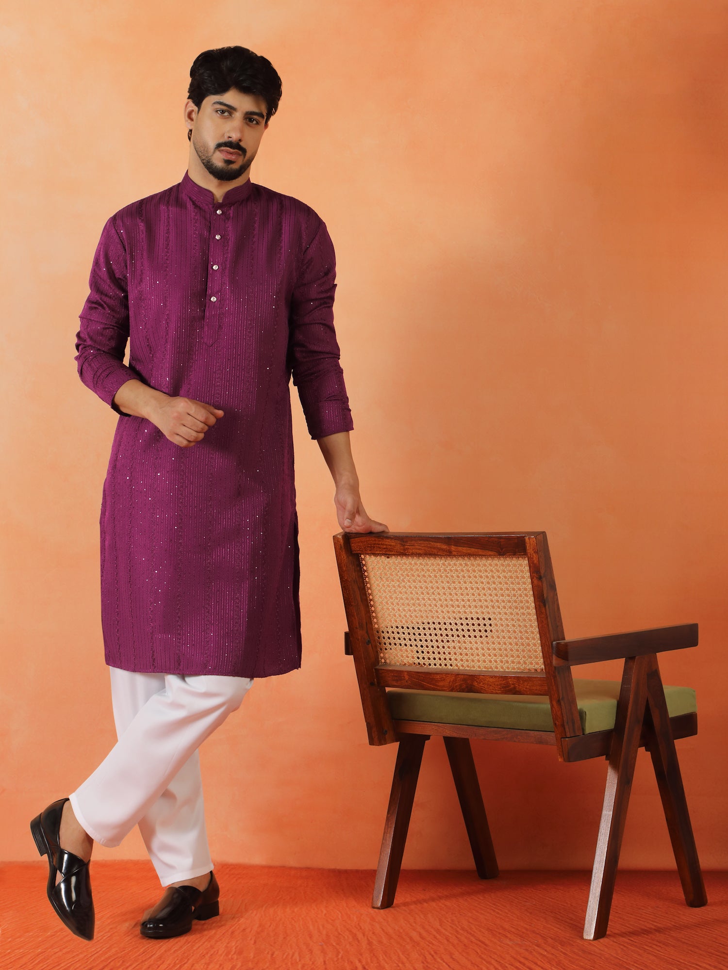Men's Embroidered Thread Work Designed Cotton Silk Straight Kurta With Pyjama Set