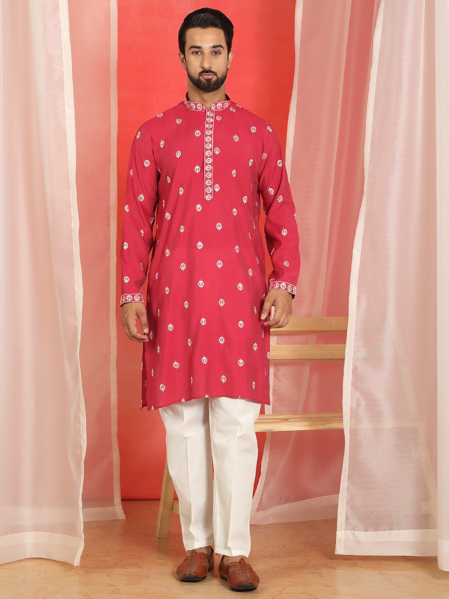 Men Yellow Cotton Silk Floral Embroidered Straight Kurta with Trouser Set