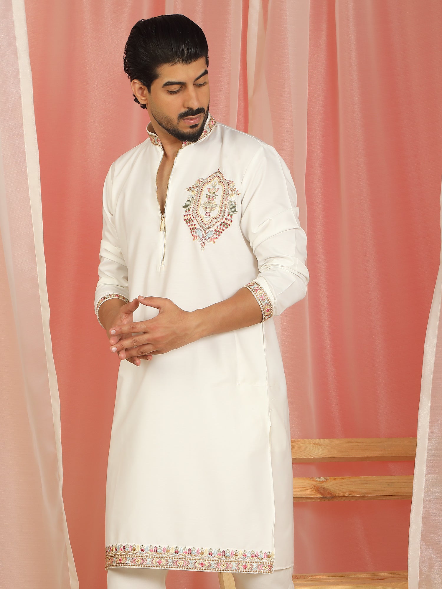 Men Cotton Silk Floral Embroidered Zip Closure Kurta