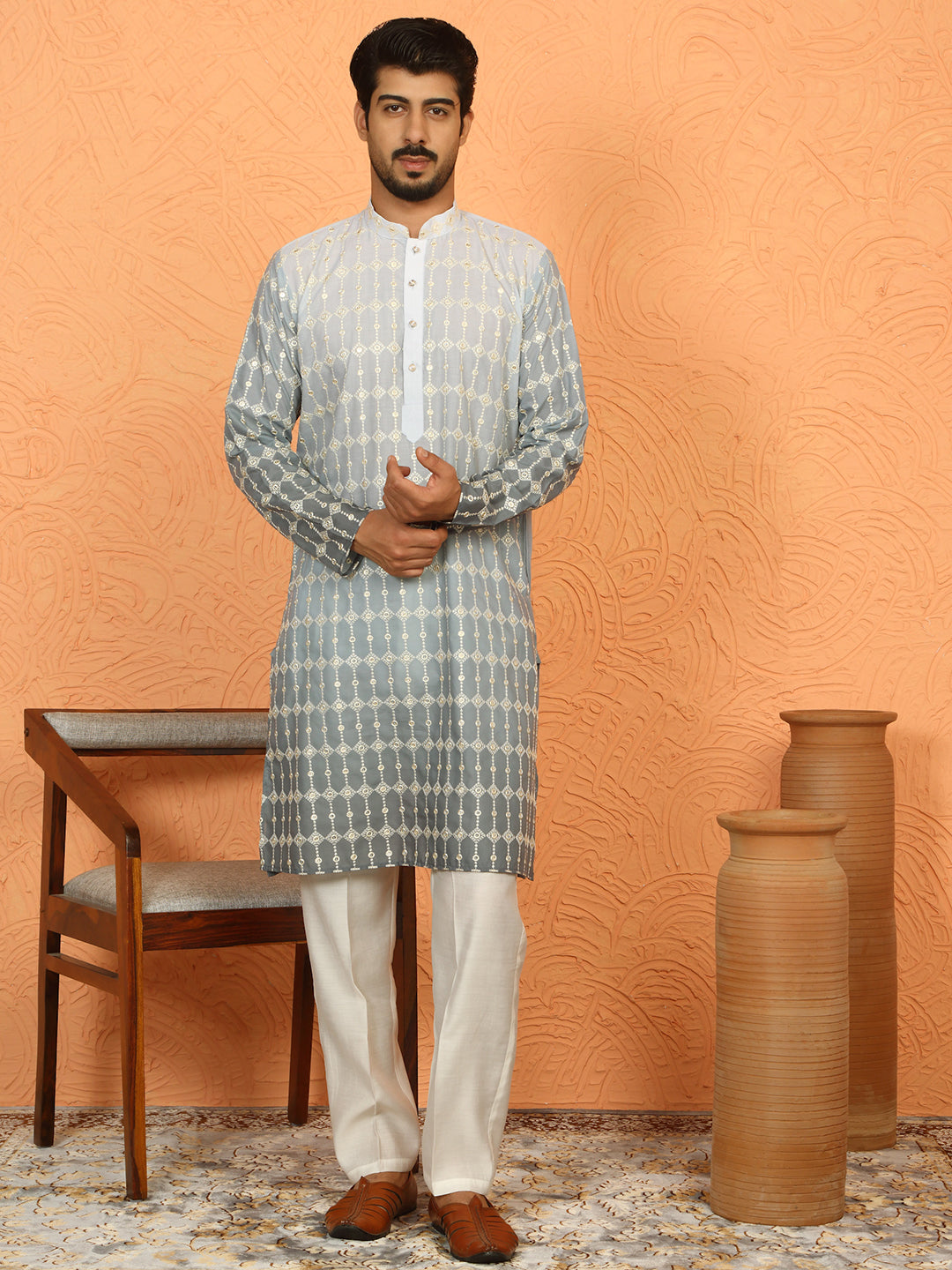 Men’s Cotton Silk Ombre Embroidered Kurta Set with Cream Silk Trouser