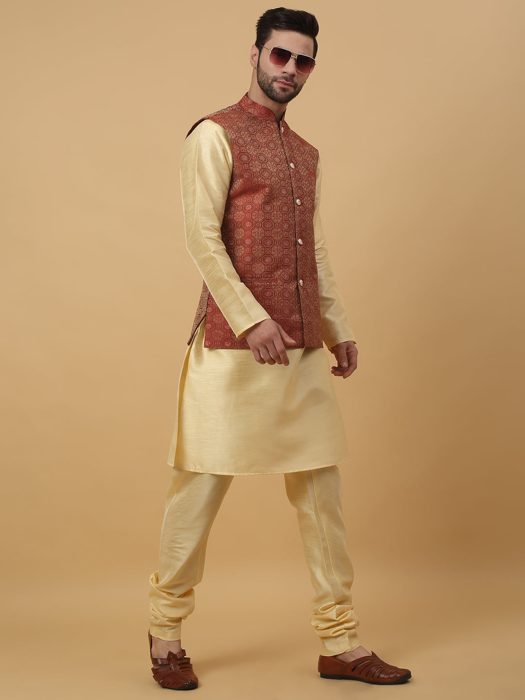 KRAFT INDIA Men's Silk Blend Beige Kurta, Churidar with Jacquard Bandhani Silk Blend Nehru Jacket Set