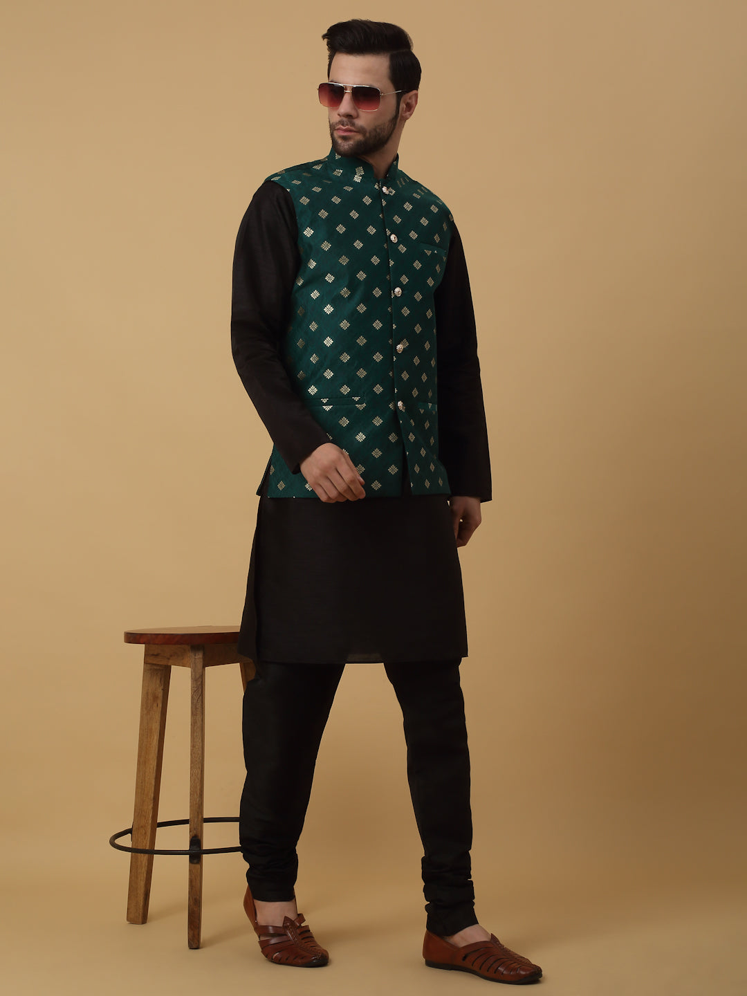 KRAFT INDIA Men's Silk Blend Black Kurta, Churidar with Jacquard Silk Blend Floral Print Nehru Jacket Set