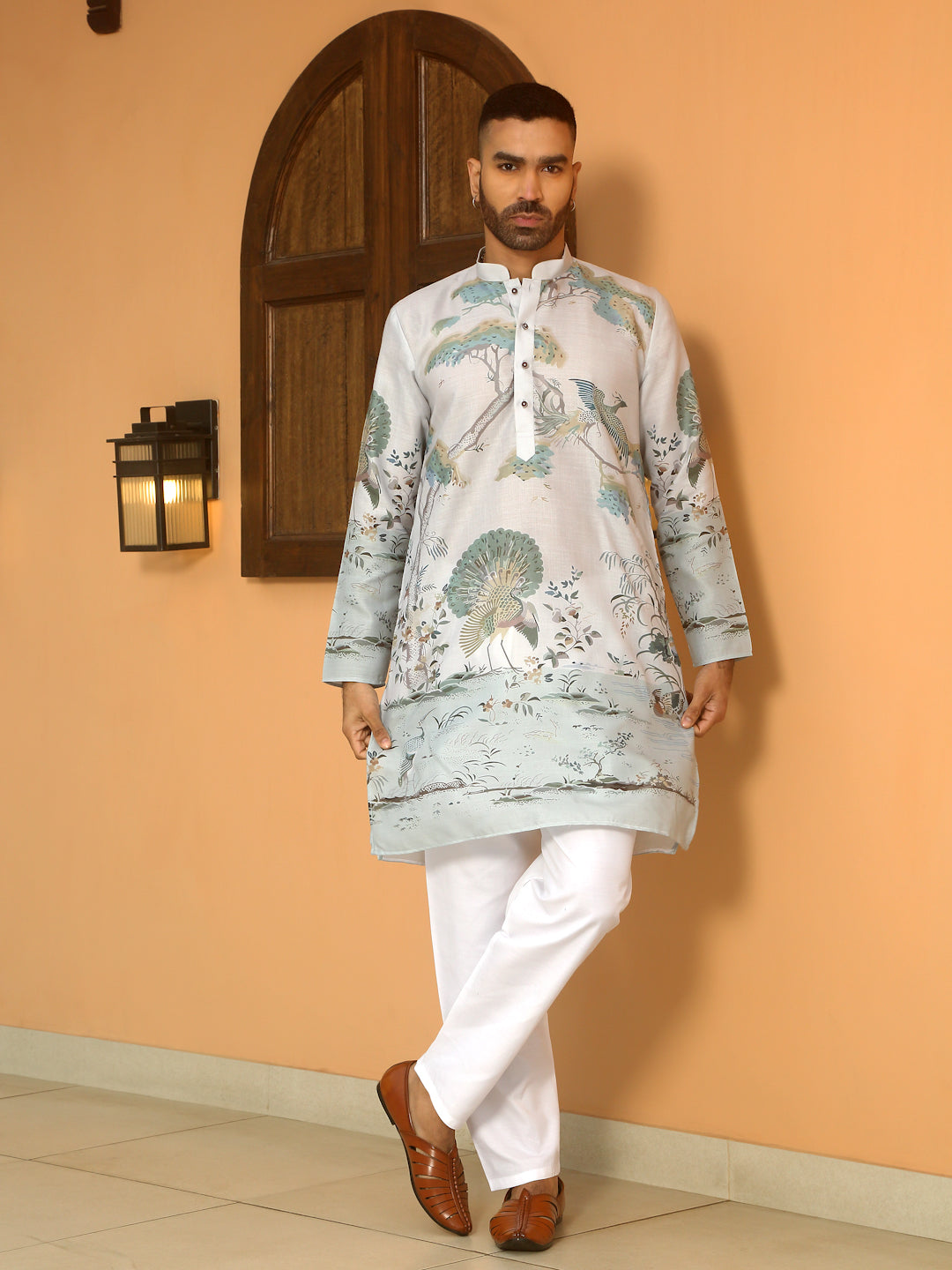 Animal Print Cotton Straight Beige Kurta With White Elastic Waistband Pyjama Set