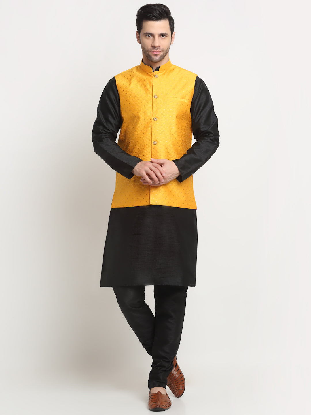 KRAFT INDIA Men's Silk Black Kurta Churidar with Polka Dotted Nehru Jacket Set