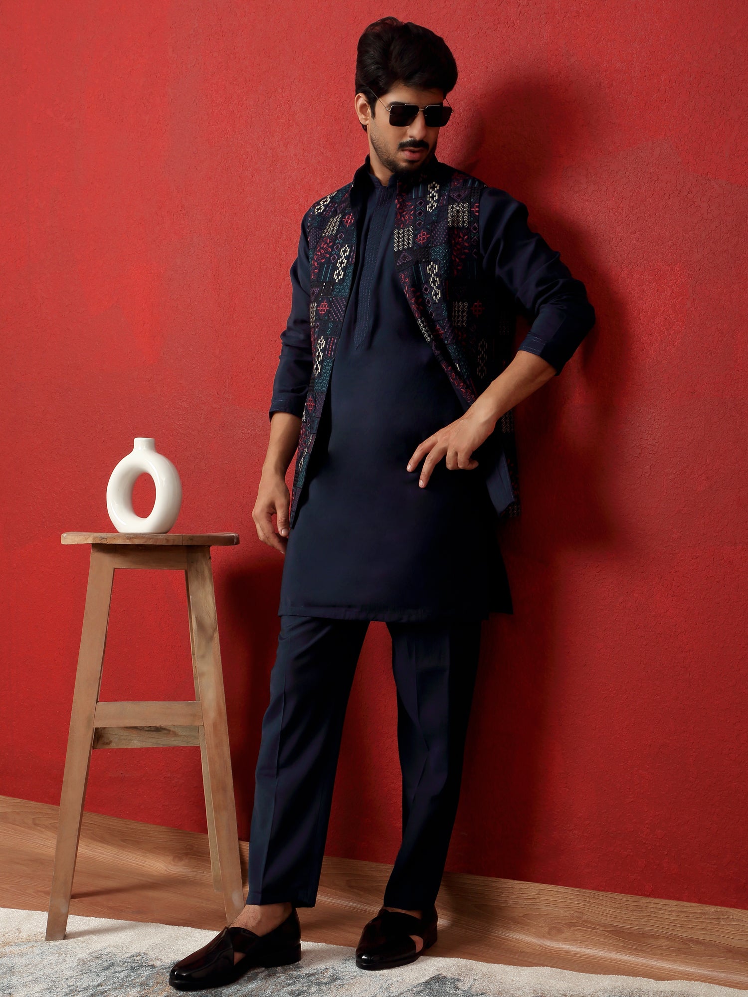 LUXE- Men's Silk Blend Anchor Work Kurta Trouser Set with Floral Embroidered Nehru Jacket