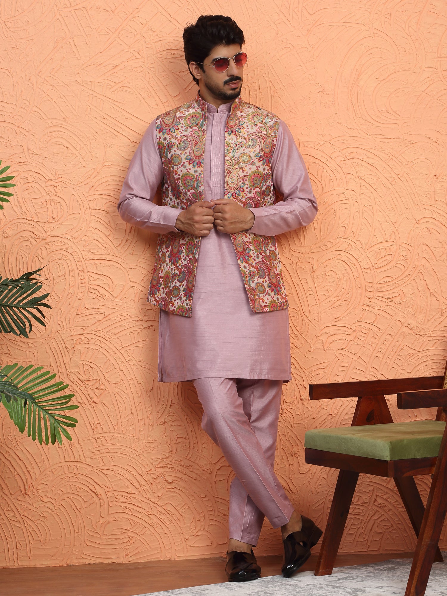 LUXE- Men's Silk Blend Anchor Work Kurta Trouser Set with Paisley Floral Jacquard Nehru Jacket