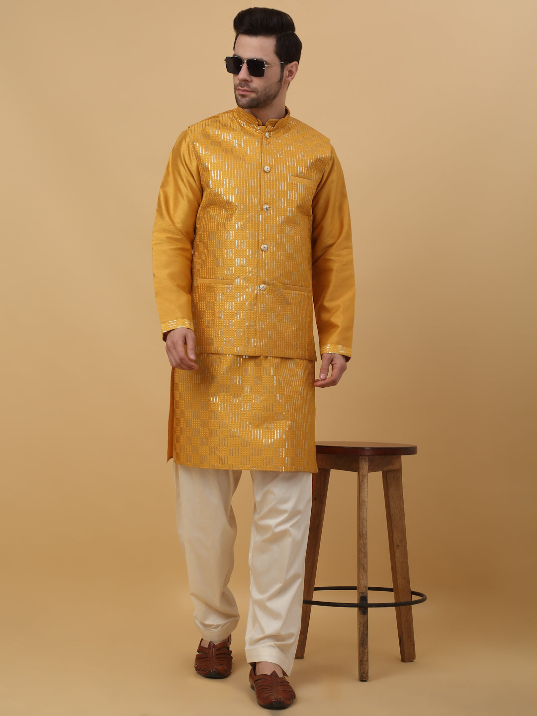 KRAFT INDIA Men's Cotton Silk Sequenced Embroided Kurta and Beige Salwar with Cotton Silk Embroided Sequenced Nehru Jacket Set