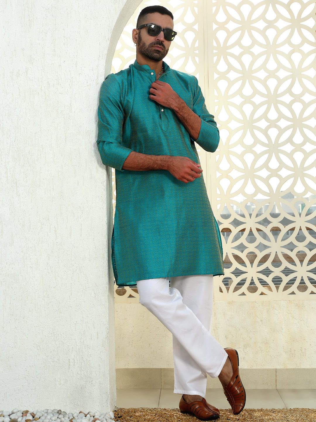 Silk Jacquard Kurta With White Elastic Waistband Pyjama set