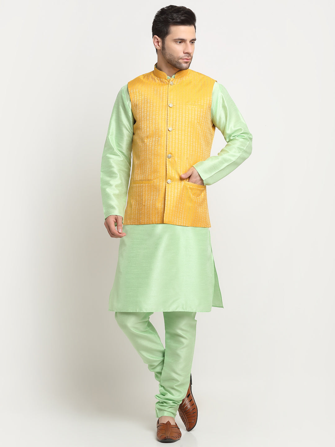 KRAFT INDIA Men's Silk Sea Green Kurta Churidar with Yellow Nehru Jacket Set