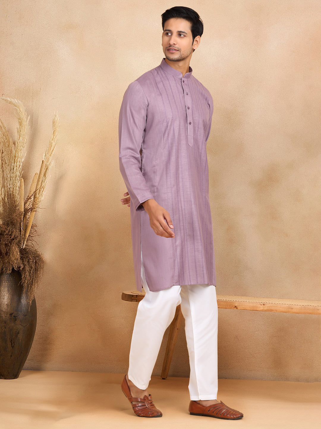 KRAFT INDIA Men's Regular Cotton Striped Mandarin Collar Long Sleeve Kurta Pyjama Set