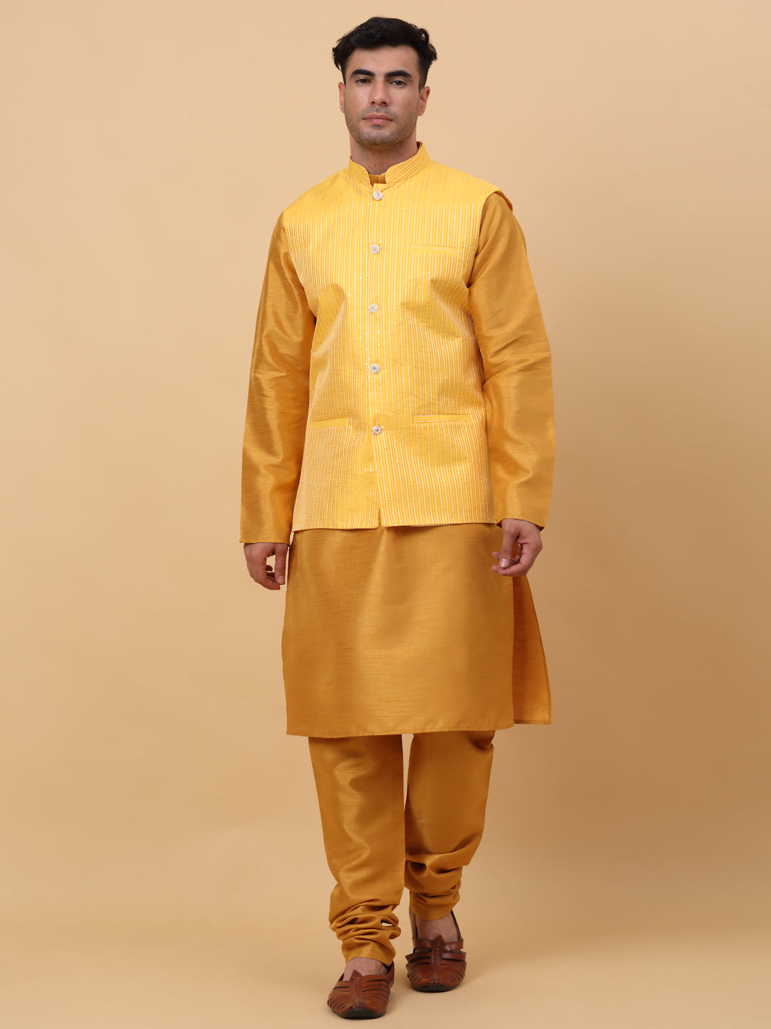 Men Mustard Silk Blend Kurta, Churidar With Yellow SIlk Striped Nehru Jacket