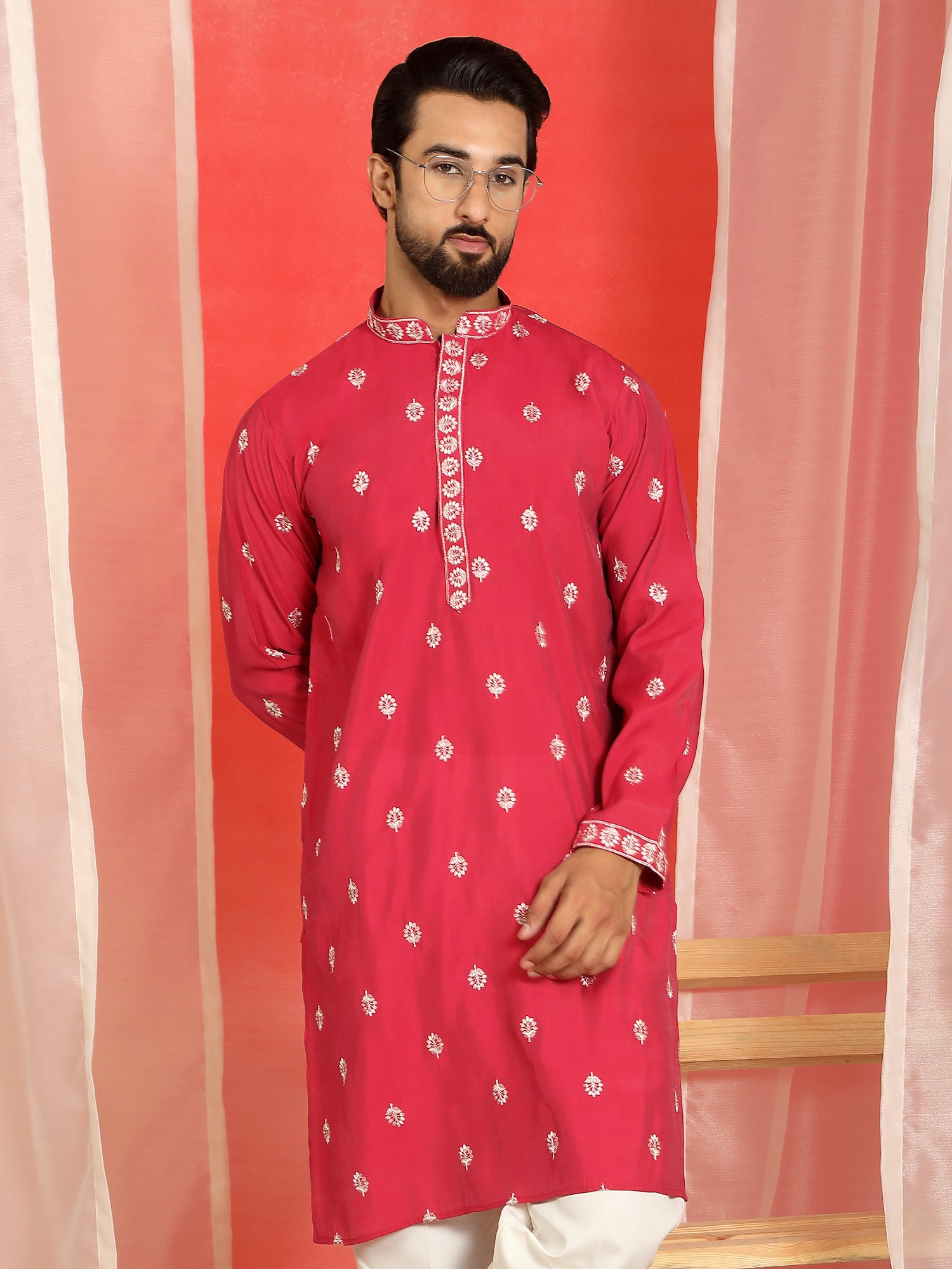 Men Cotton Silk Floral Embroidered Kurta