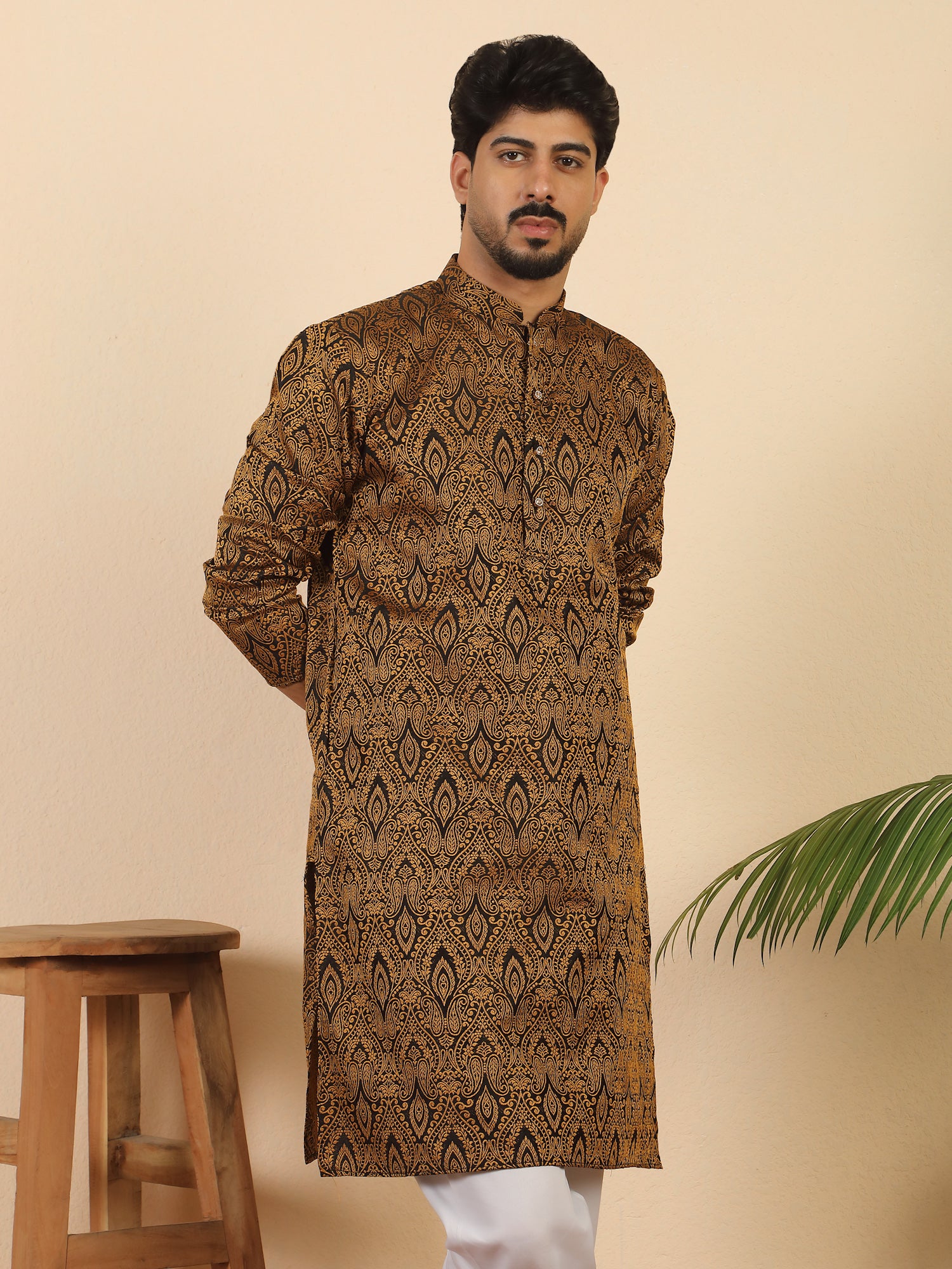 Men's Premium Jacquard fabric Paisley Designed Beige Long Kurta