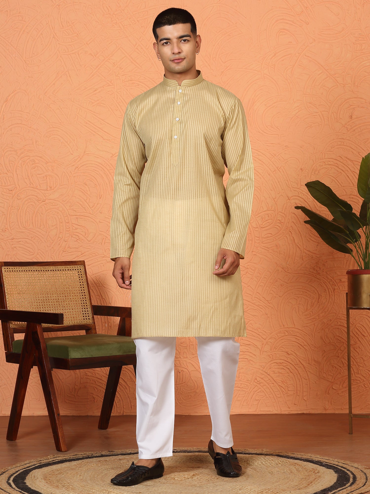 Men's Striped Design Pure Cotton Long Kurta with Pyjamas