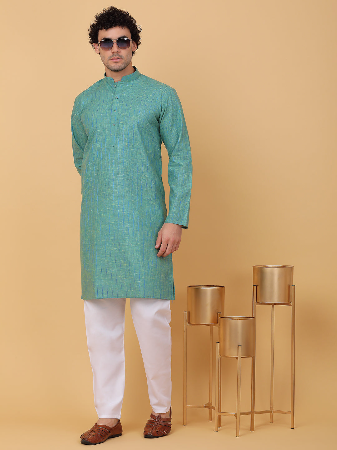 KRAFT INDIA Men Cotton Linen Striped Thread Work Knee Length Kurta With White Elastic Waistband Pyjama Set
