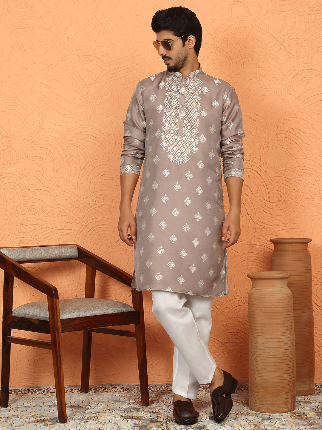 Men’s Silk Jacquard Embroidered Woven Design Straight Kurta