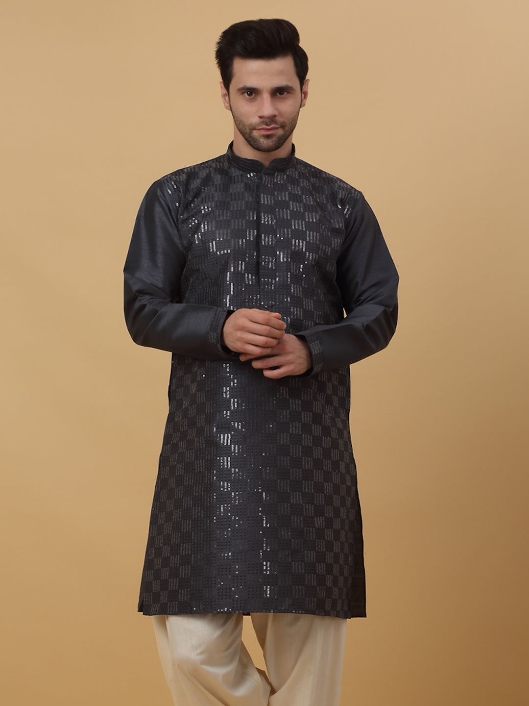 KRAFT INDIA Men's Cotton Silk Sequenced Embroidered Kurta Only
