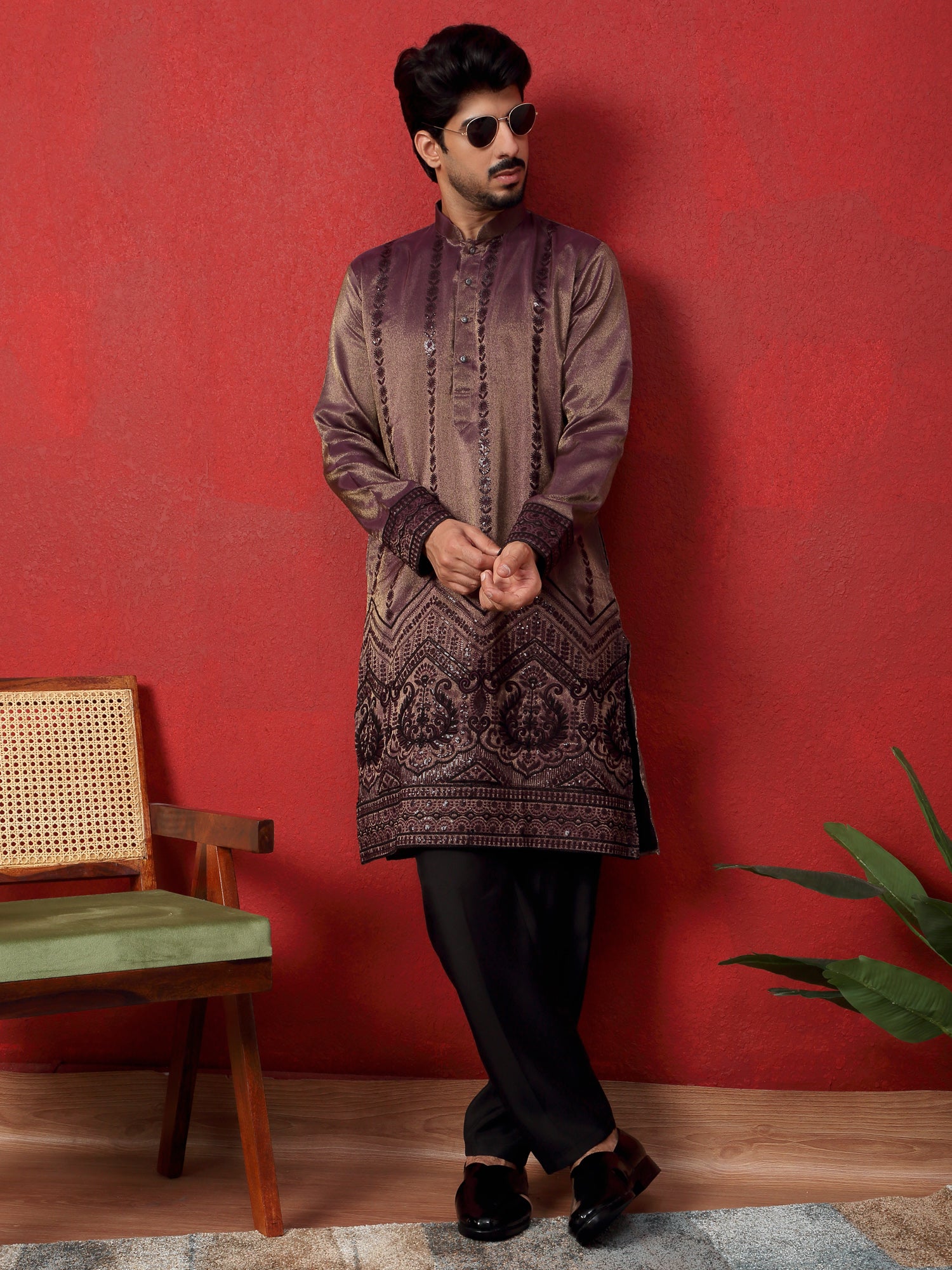 LUXE-Men's Silk Sequinced Daman Embroidered Kurta Trouser Pant Set