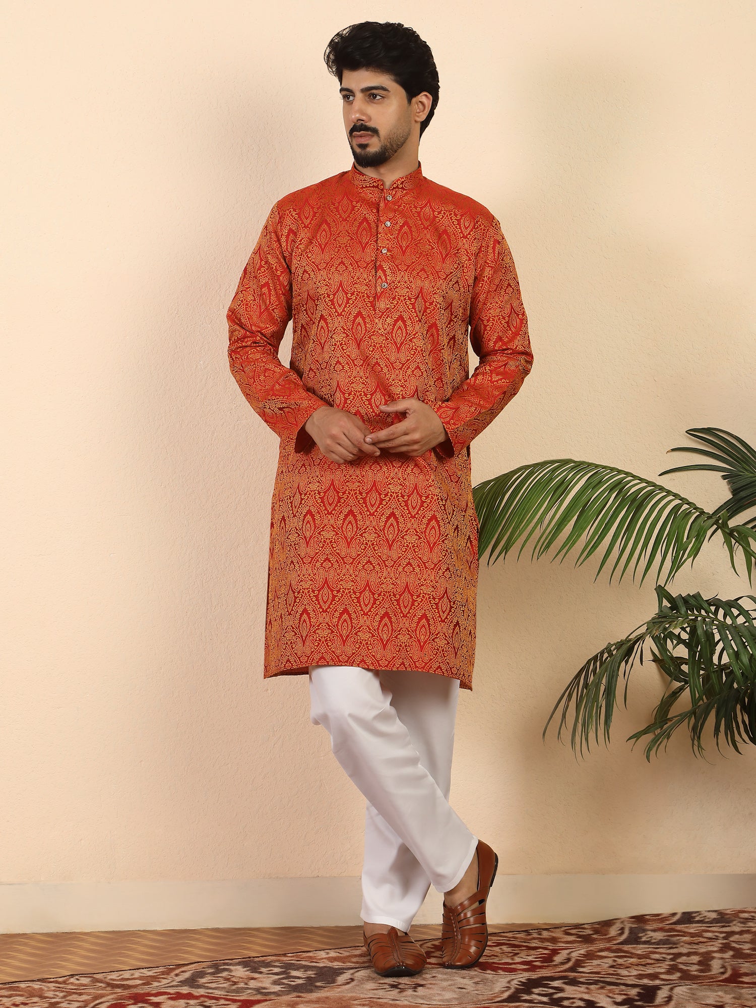 Men's Premium Jacquard fabric Paisley Designed Beige Long Kurta