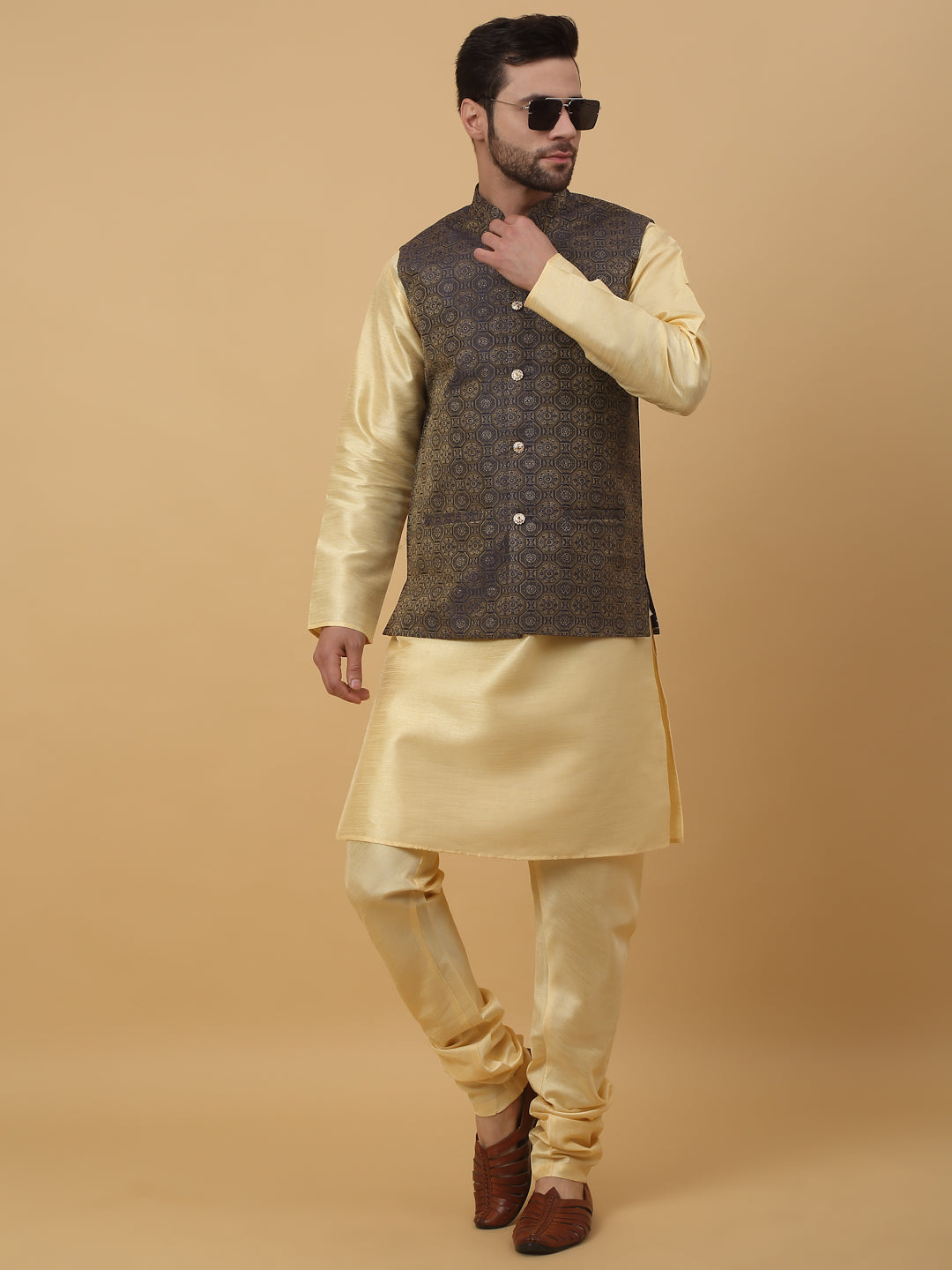 KRAFT INDIA Men's Silk Blend Beige Kurta, Churidar with Jacquard Bandhani Silk Blend Nehru Jacket Set
