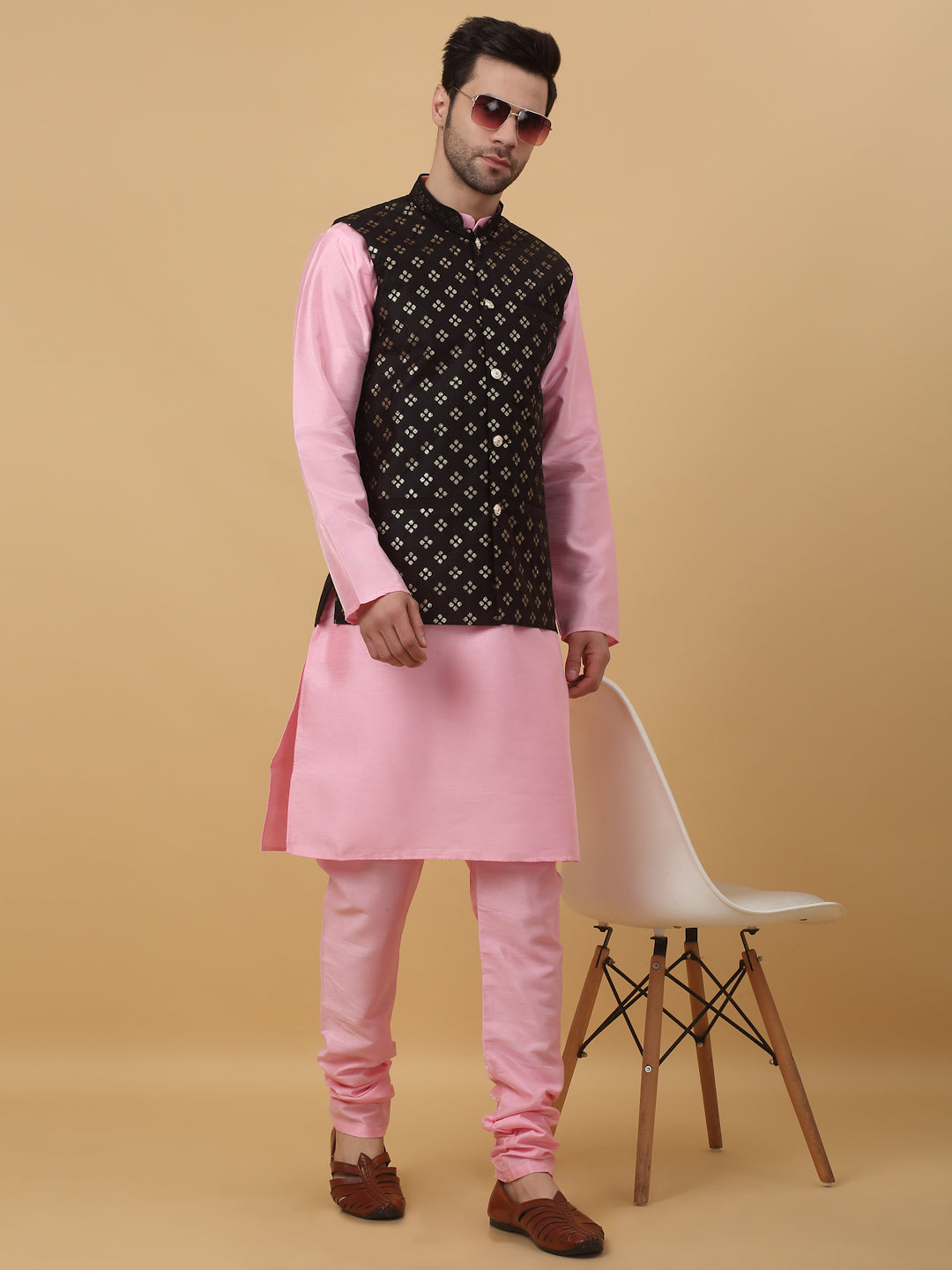 KRAFT INDIA Men's Silk Blend Pink Kurta, Churidar with Cotton Silk Embroided Sequenced Nehru Jacket Set