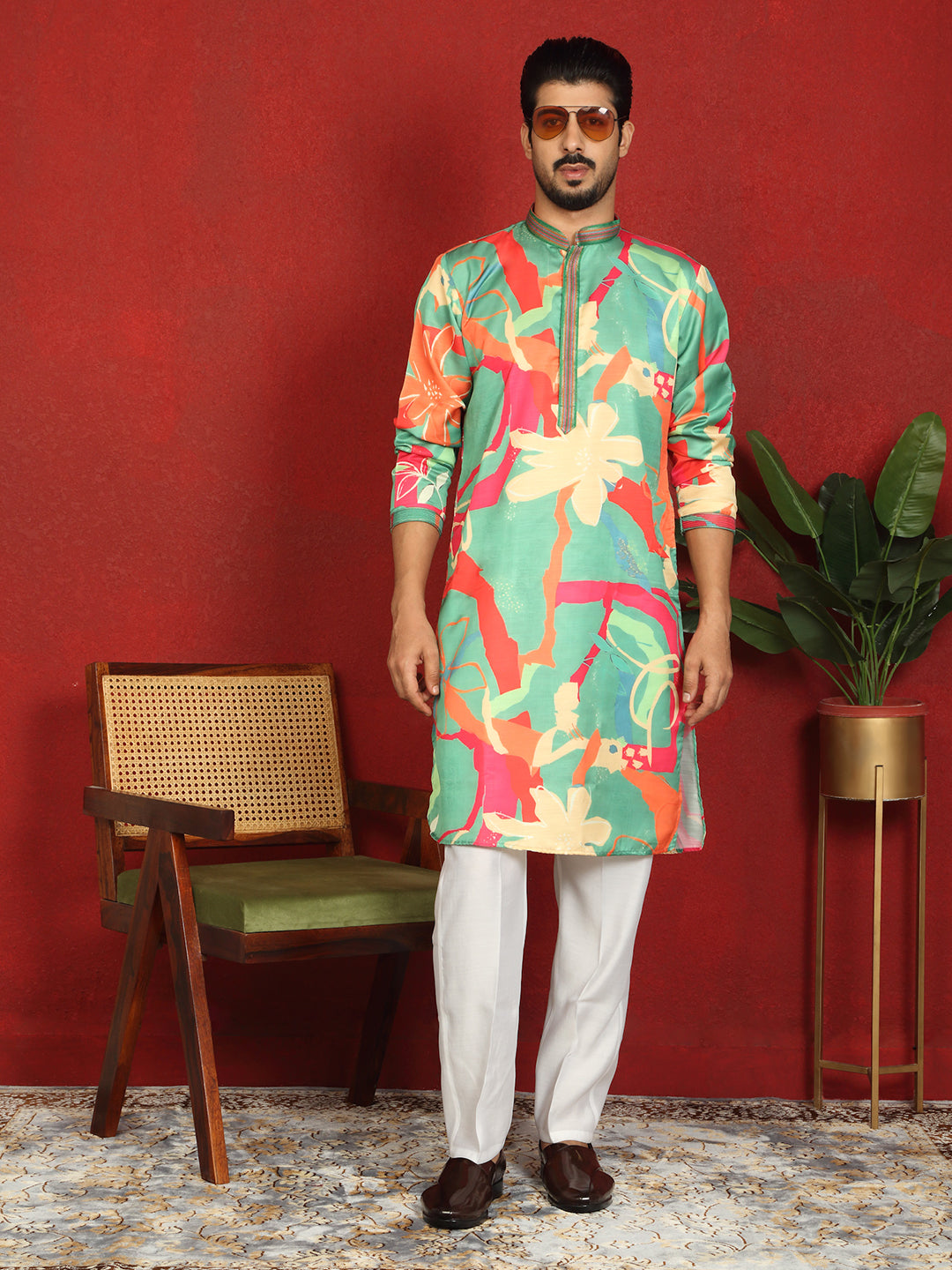 Men’s Cotton Silk Floral Printed Anchor Neck Work Kurta
