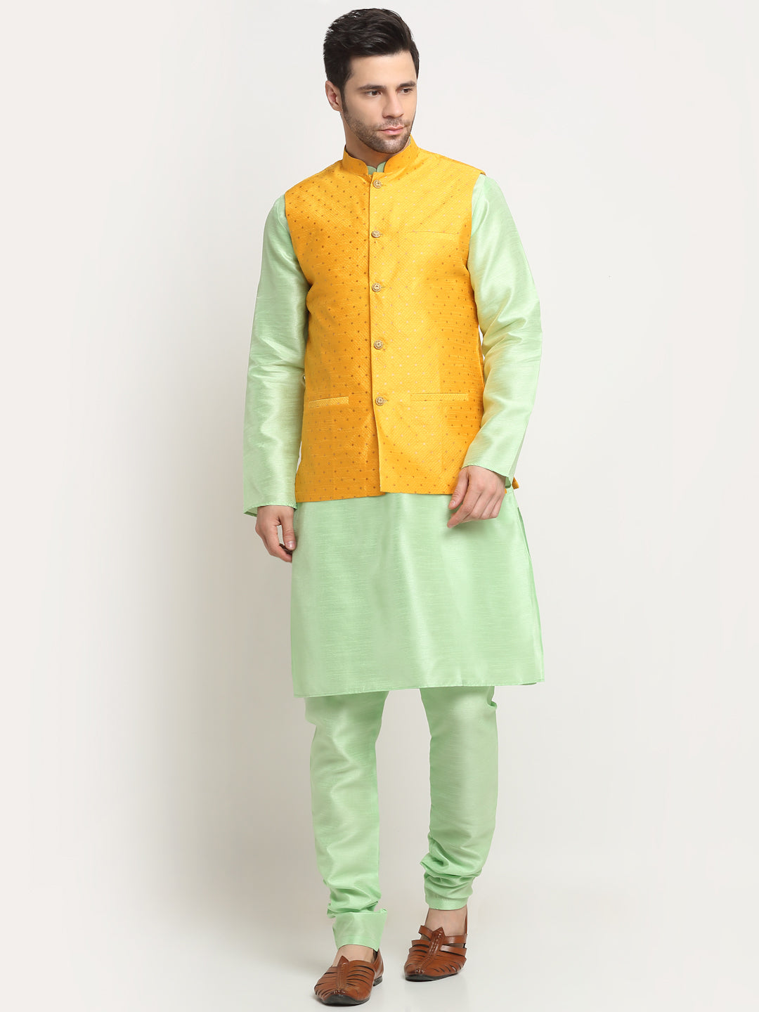 KRAFT INDIA Men's Silk Sea Green Kurta Churidar with Yellow Polka Dotted Nehru Jacket Set